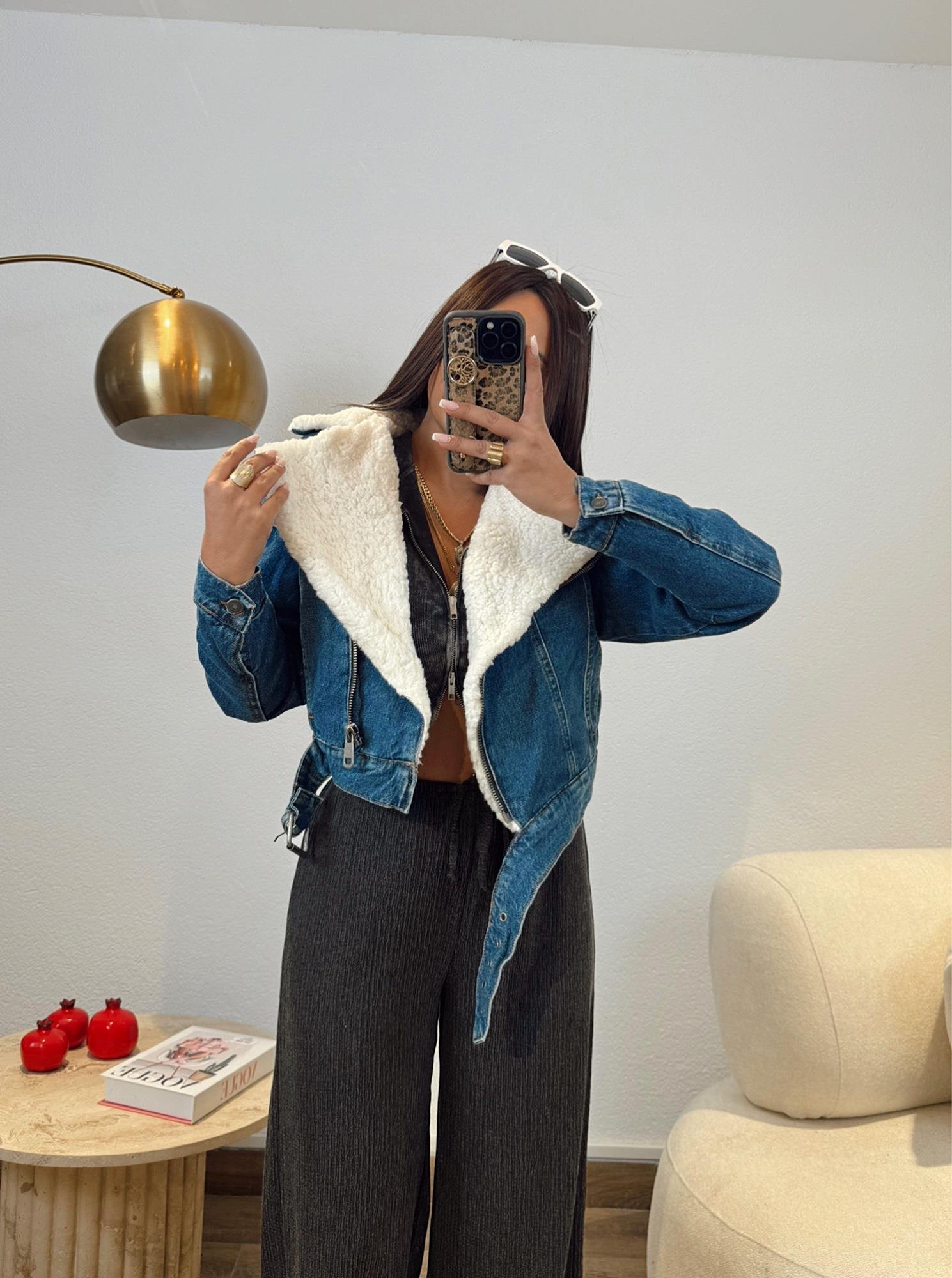 Yünlü Mavi Crop Jean Ceket