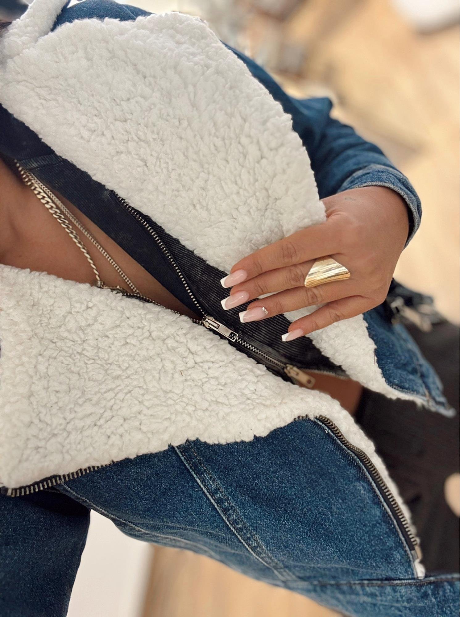 Yünlü Mavi Crop Jean Ceket