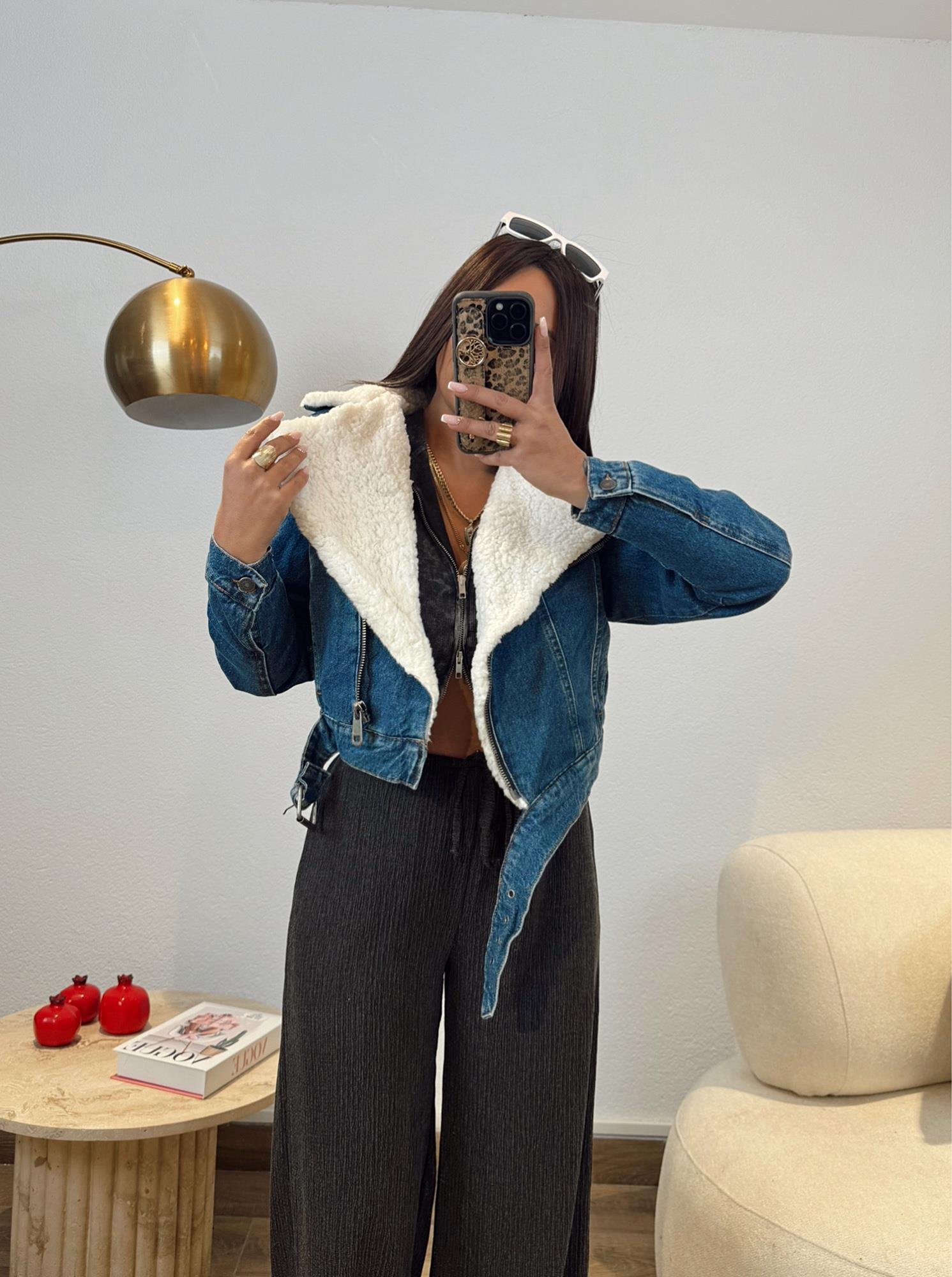 Yünlü Mavi Crop Jean Ceket