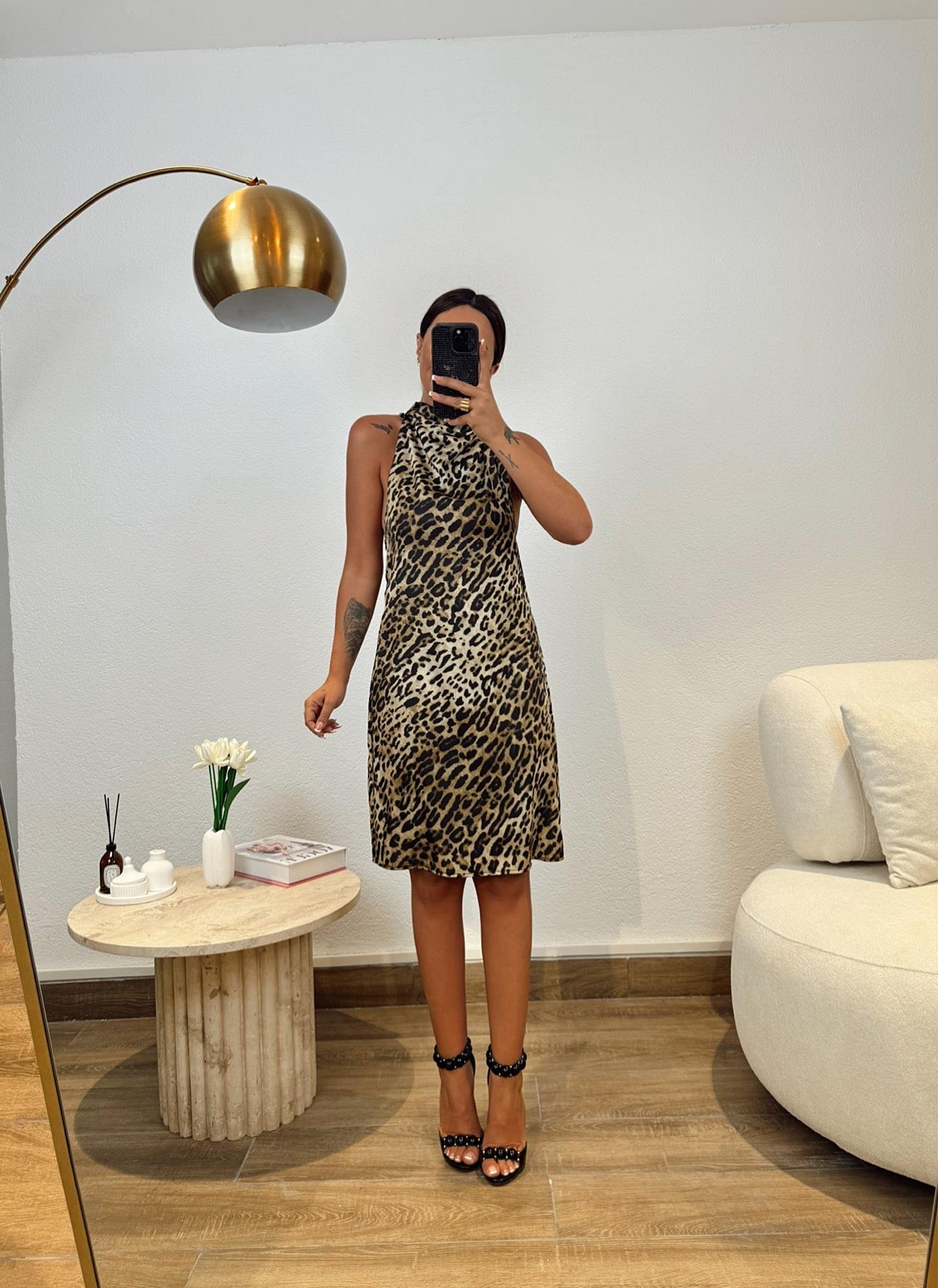 Z.a Boyundan Bağlamalı Leopar Saten Elbise