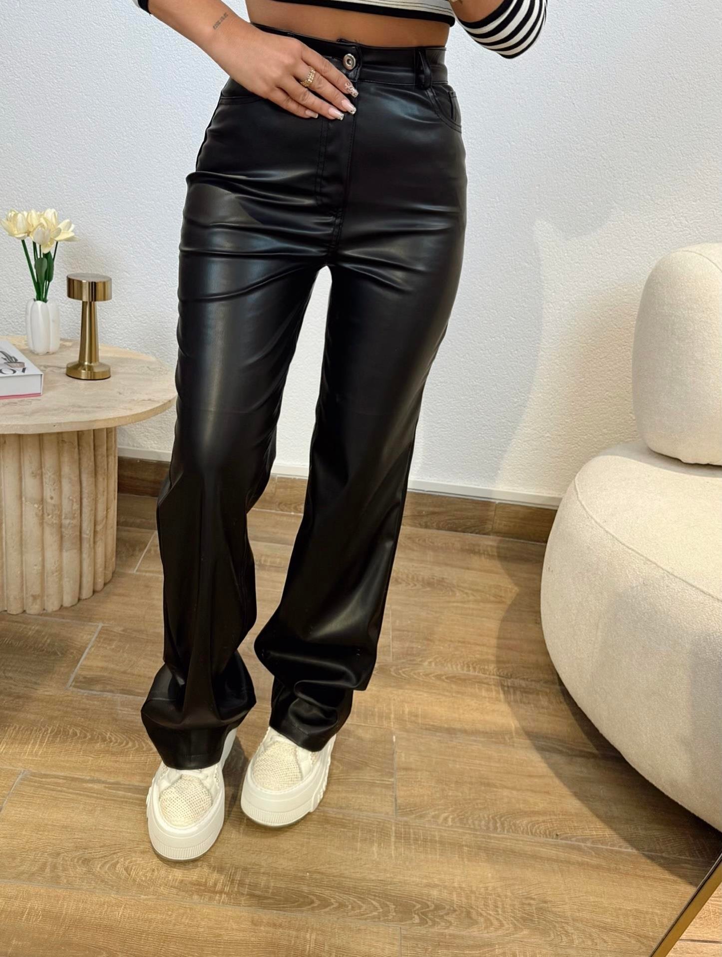 Z.a Şardonlu Deri Siyah Palazzo Pantolon