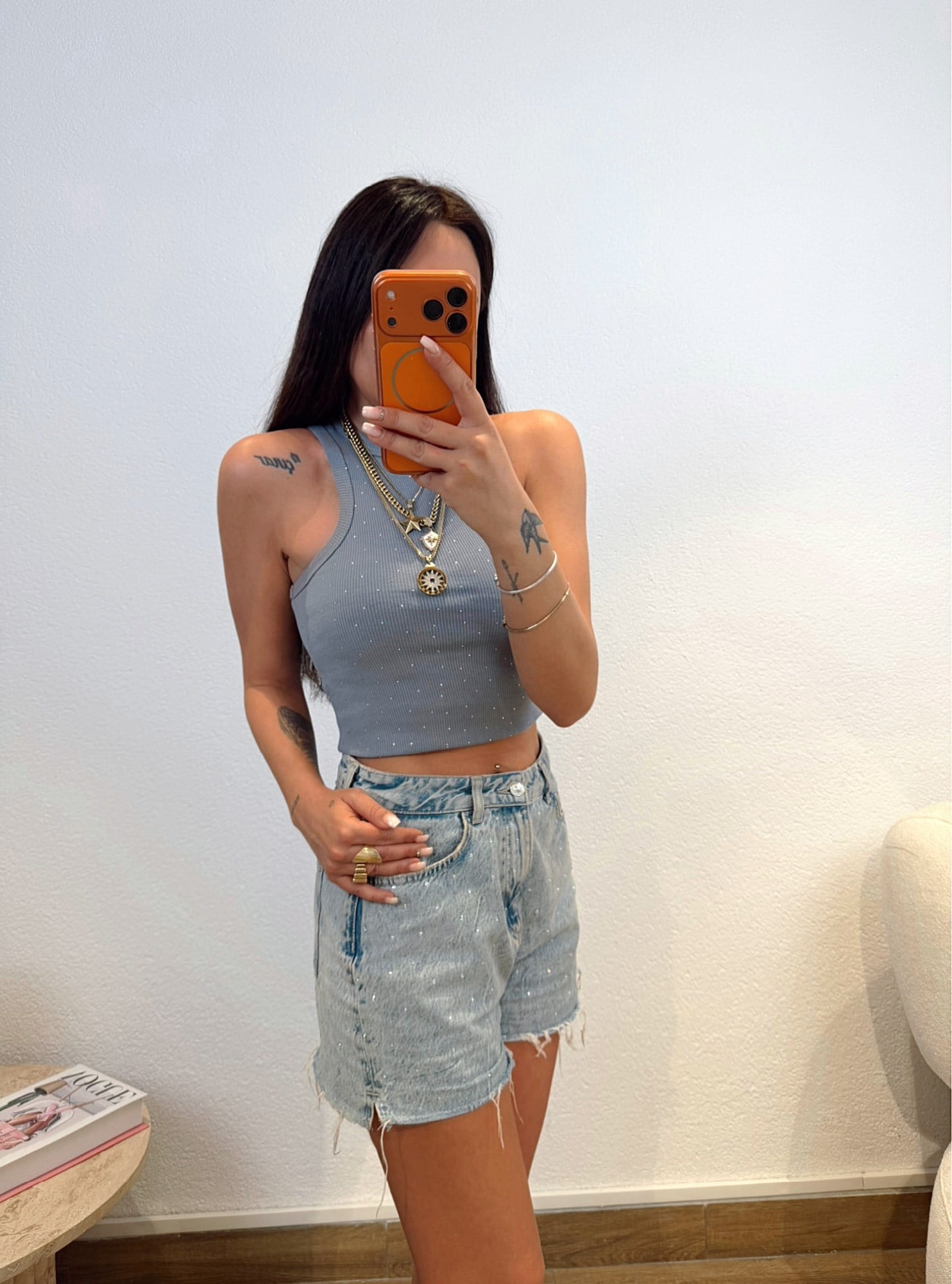 Z.a Halter Yaka Taşlı Gri Crop