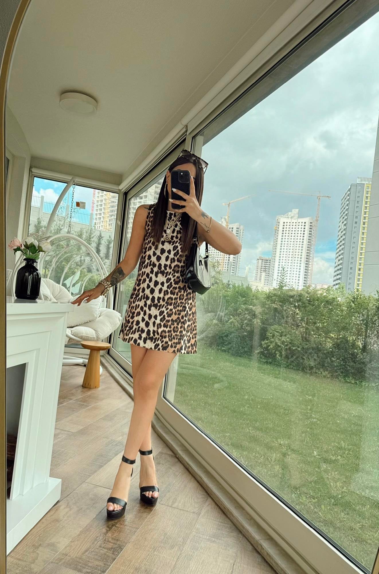 Z.A Leopar Desen Mini Elbise