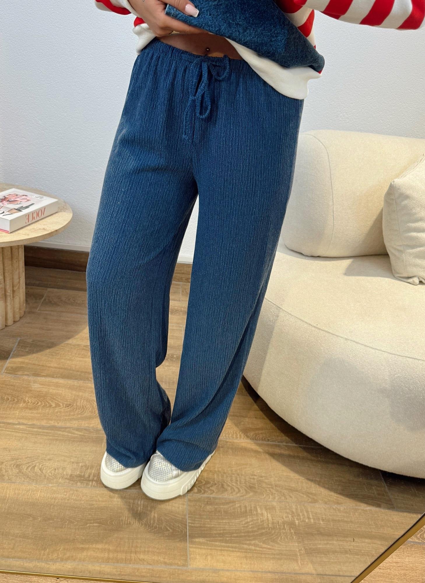 Z.a Model İndigo Bürümcük Bol Paça Pantolon