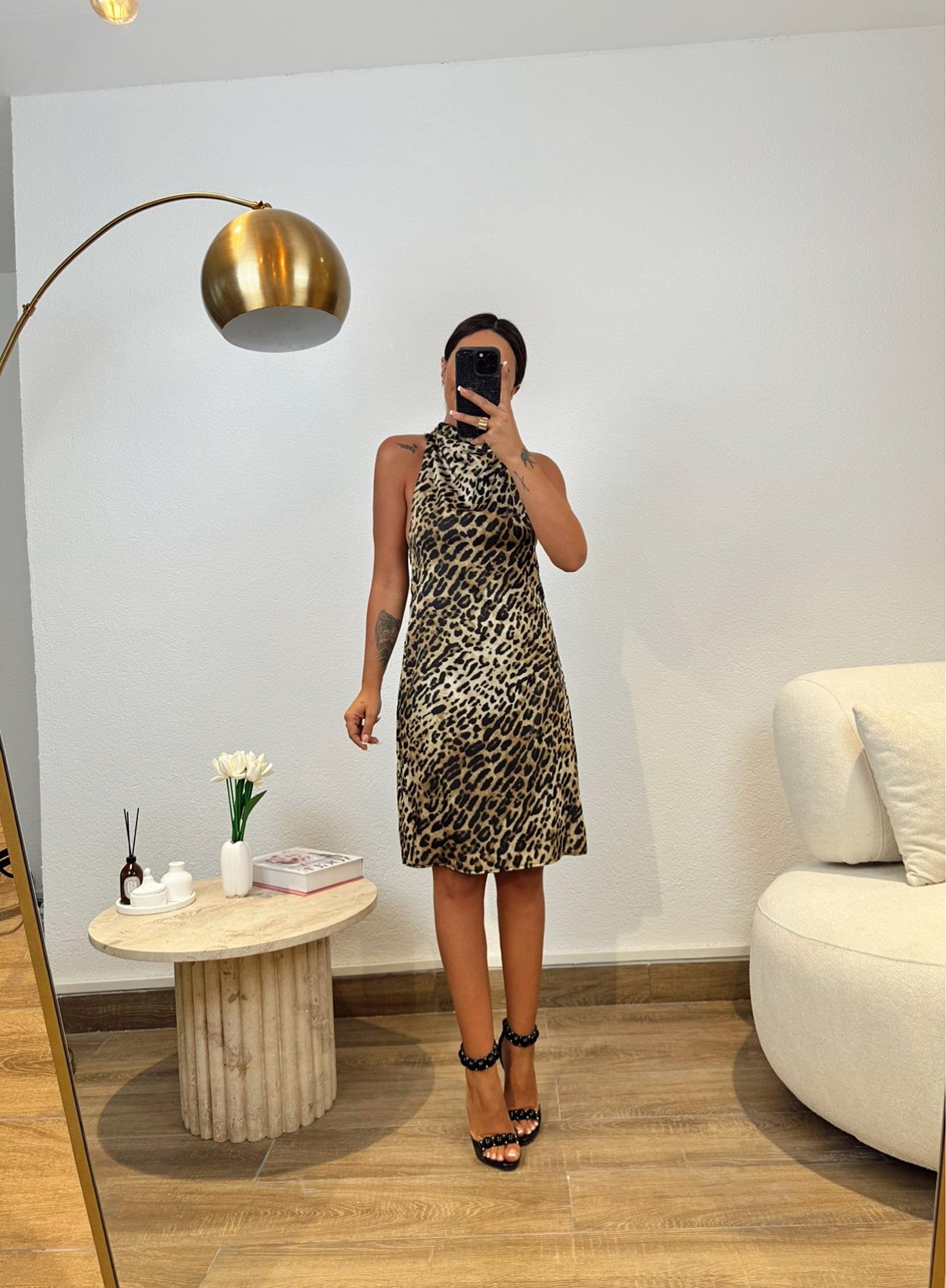 Z.a Boyundan Bağlamalı Leopar Saten Elbise