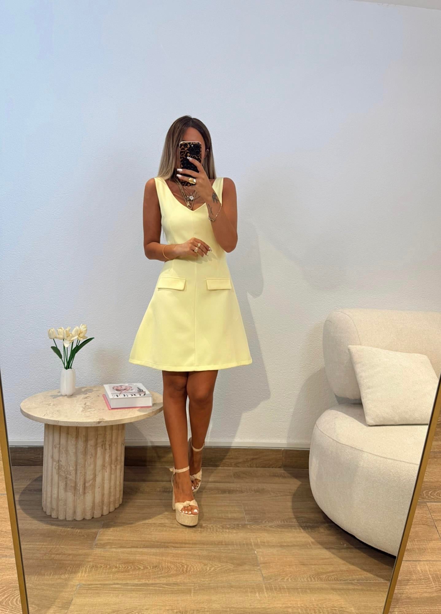 Z.a Model V Yaka Kapak Cepli Sarı Elbise