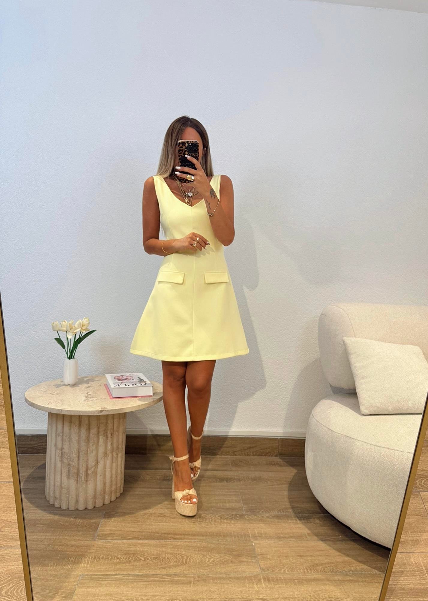 Z.a Model V Yaka Kapak Cepli Sarı Elbise