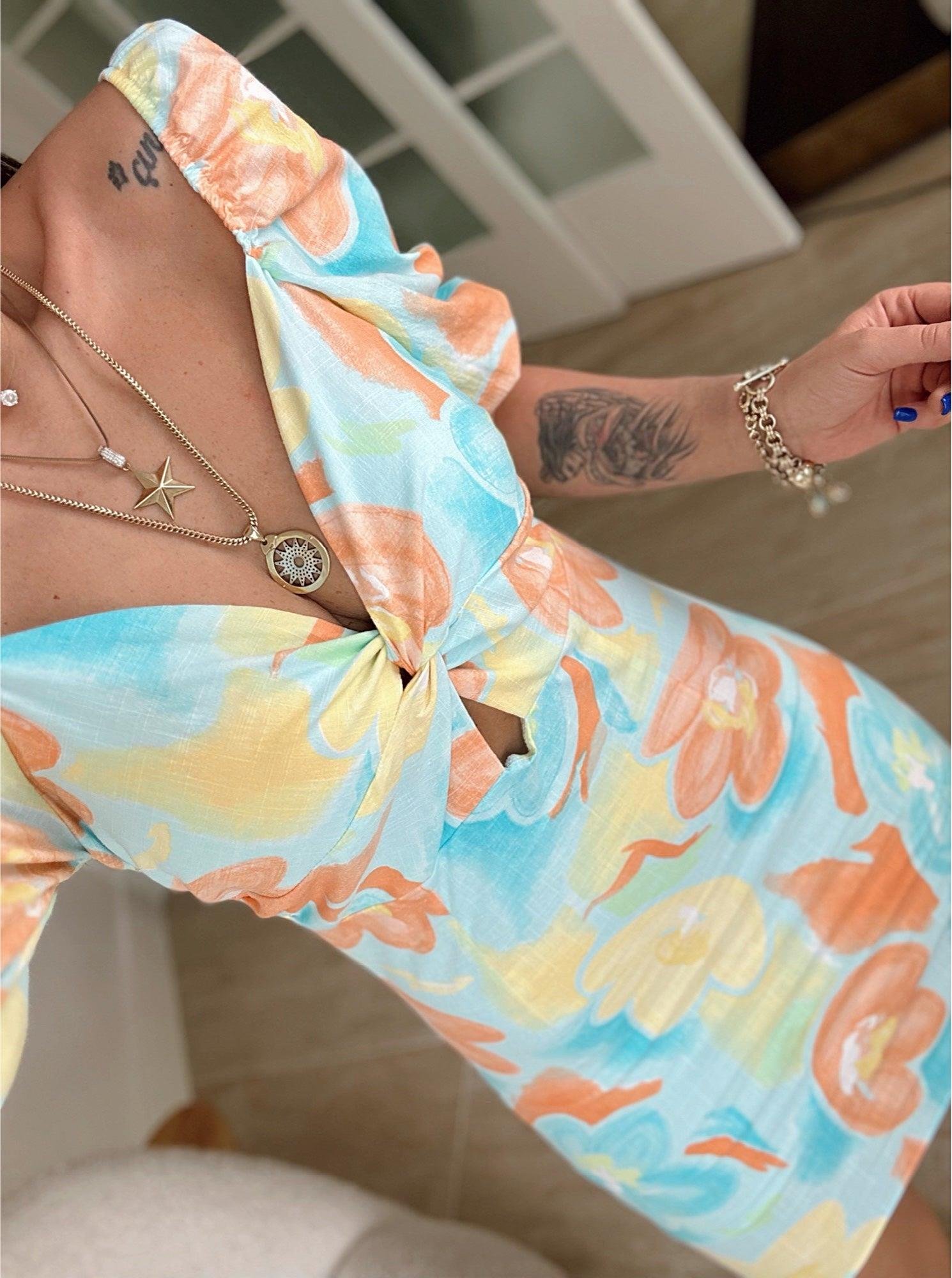 Z.A Çiçek Desen Keten Elbise