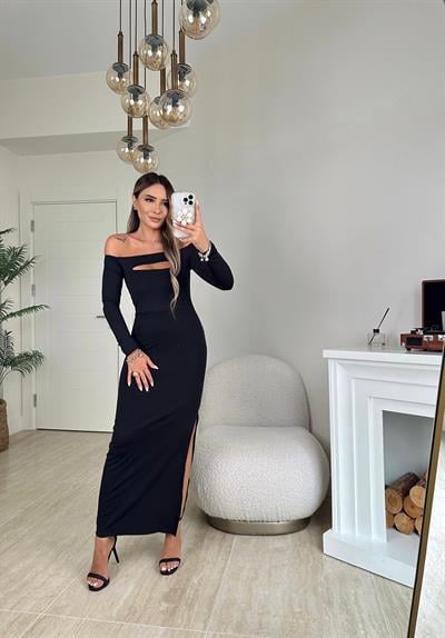 Z.A Göğüs Detay Yırtmaçlı Midi Boy Elbise