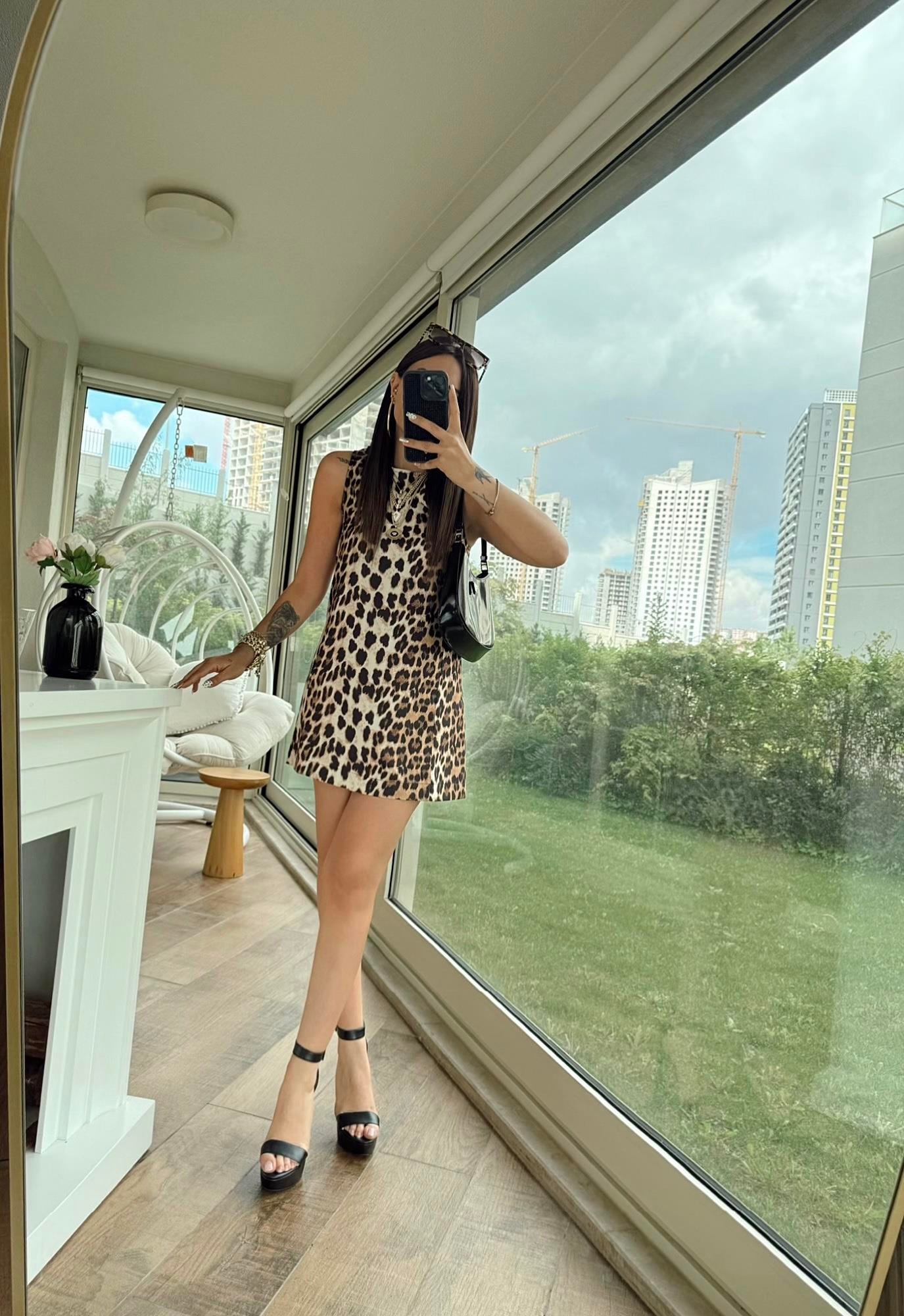 Z.A Leopar Desen Mini Elbise