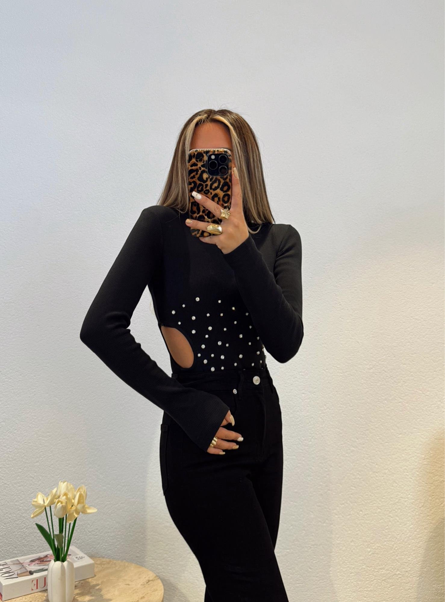 Z.a Bel Dekolteli Taşlı Bodysuit