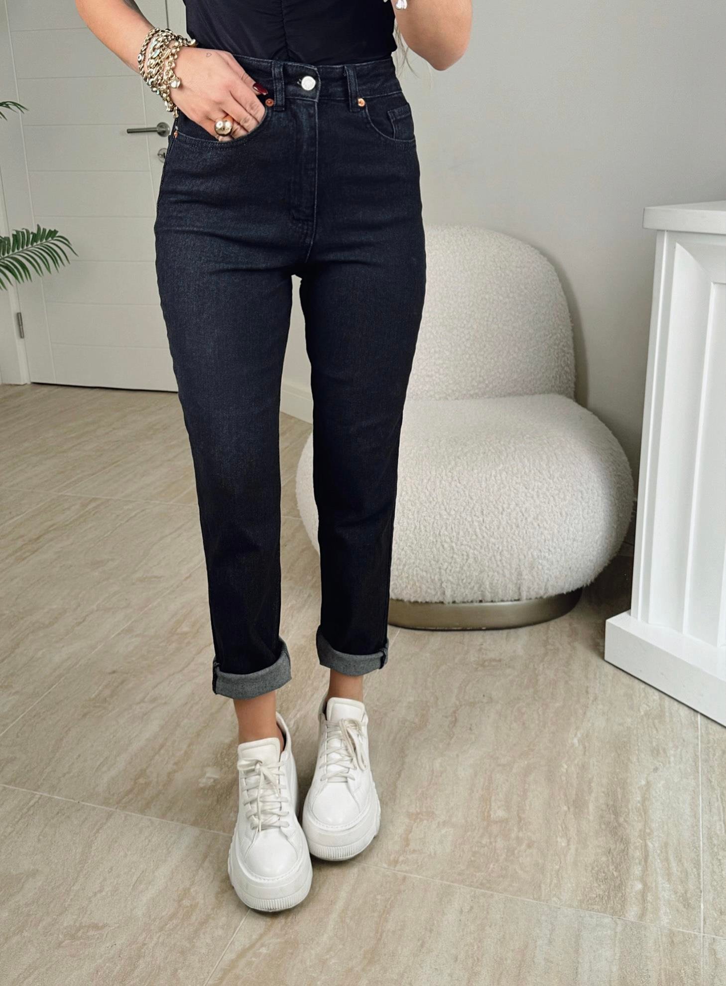 Z.A Kırçıllı Siyah Likralı Mom Jean