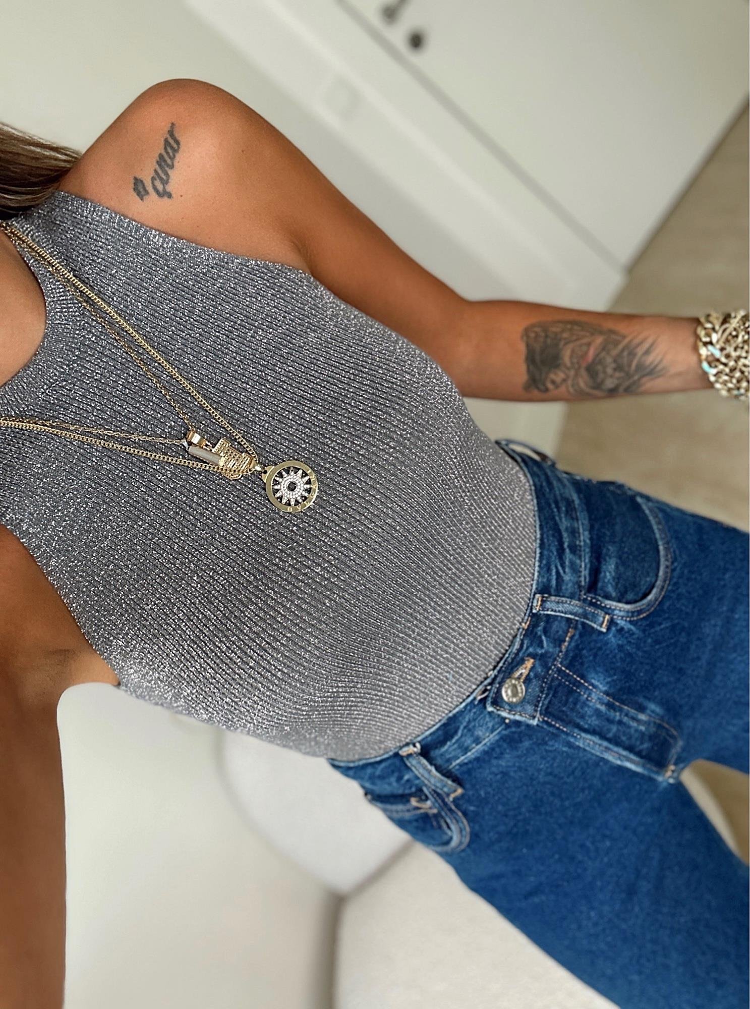 Z.A Model Gri Simli Halter Yaka Triko Crop