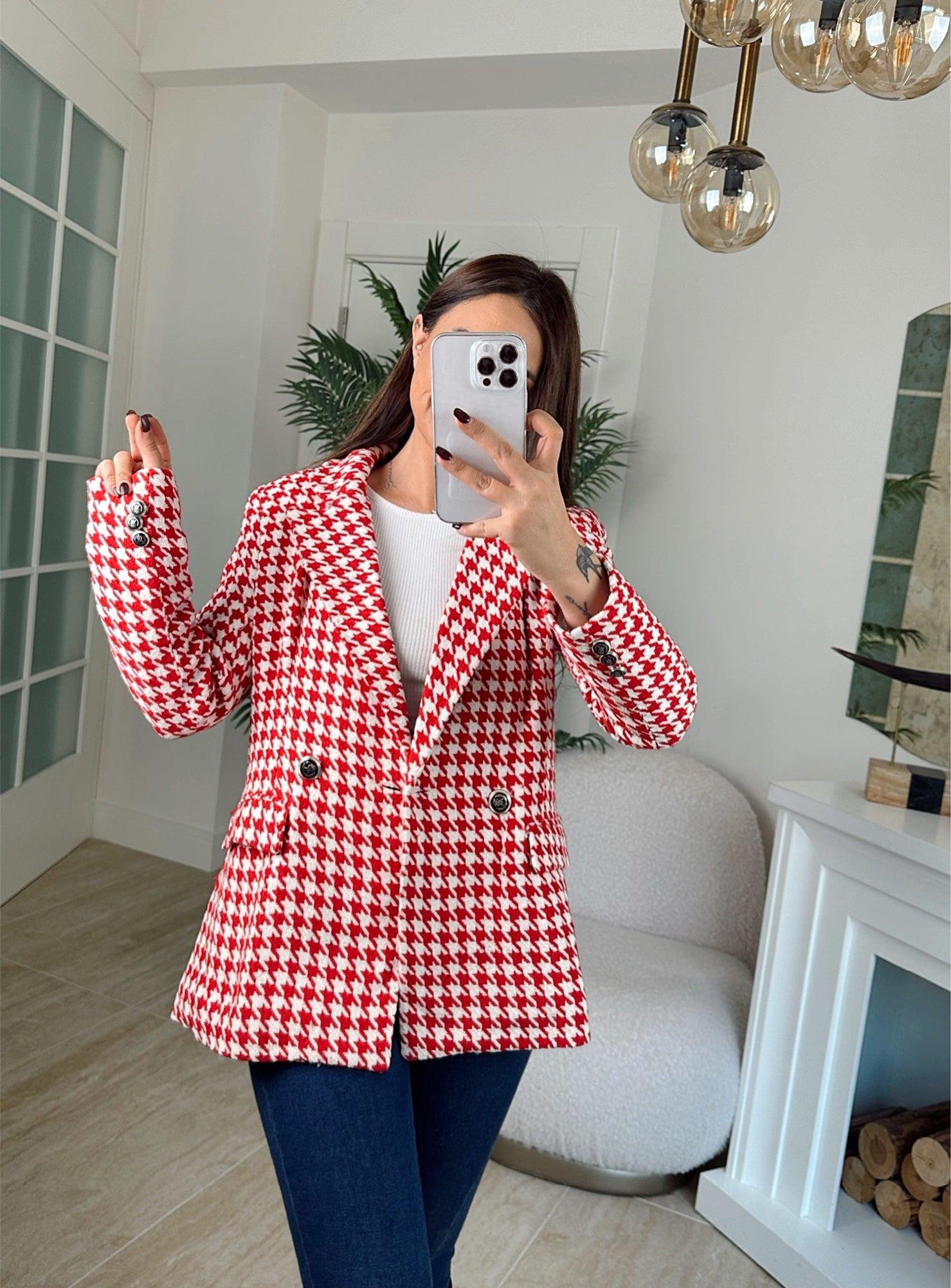 Z.A Kaz Ayağı Desen Kırmızı Blazer Ceket