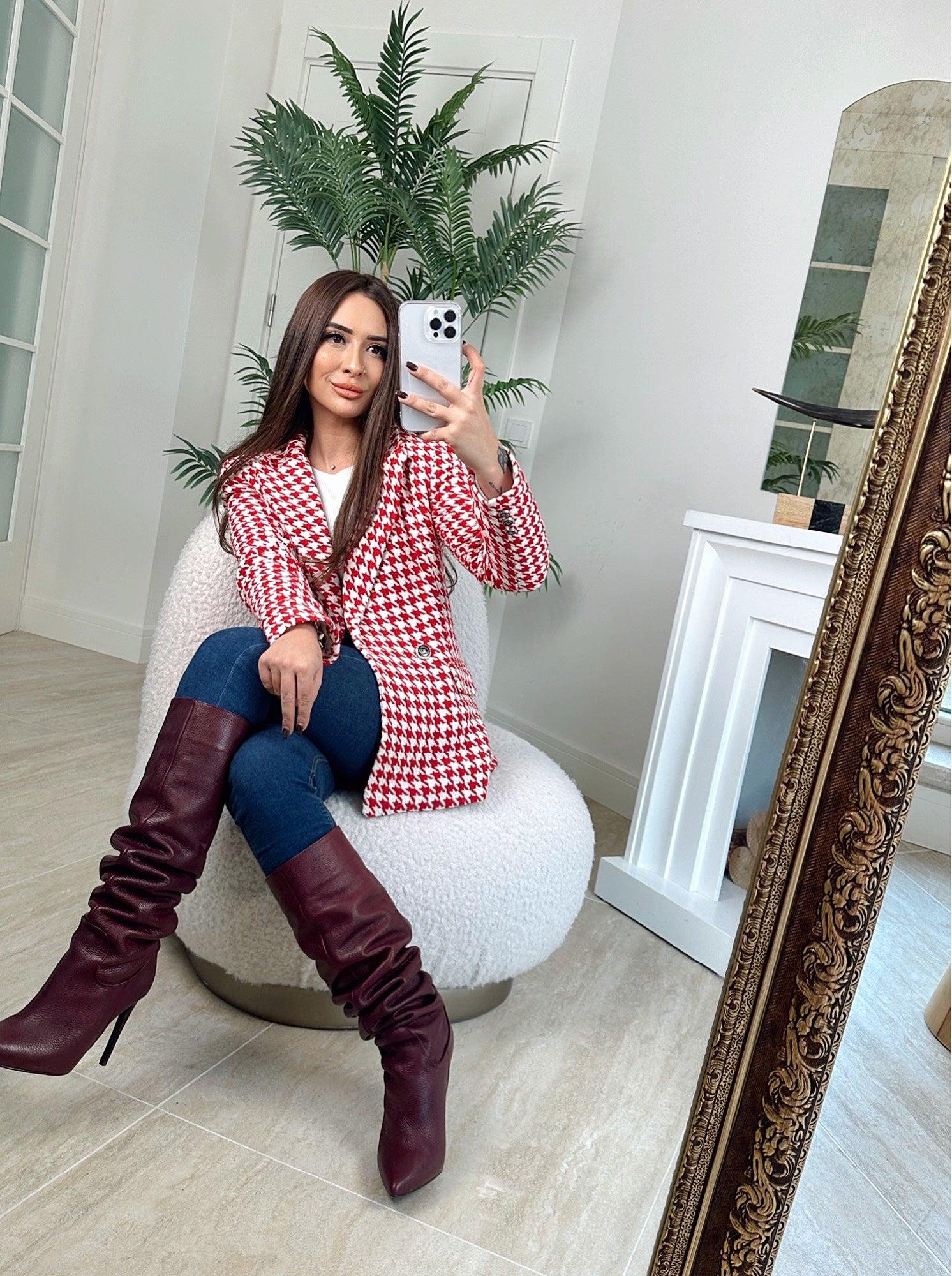 Z.A Kaz Ayağı Desen Kırmızı Blazer Ceket