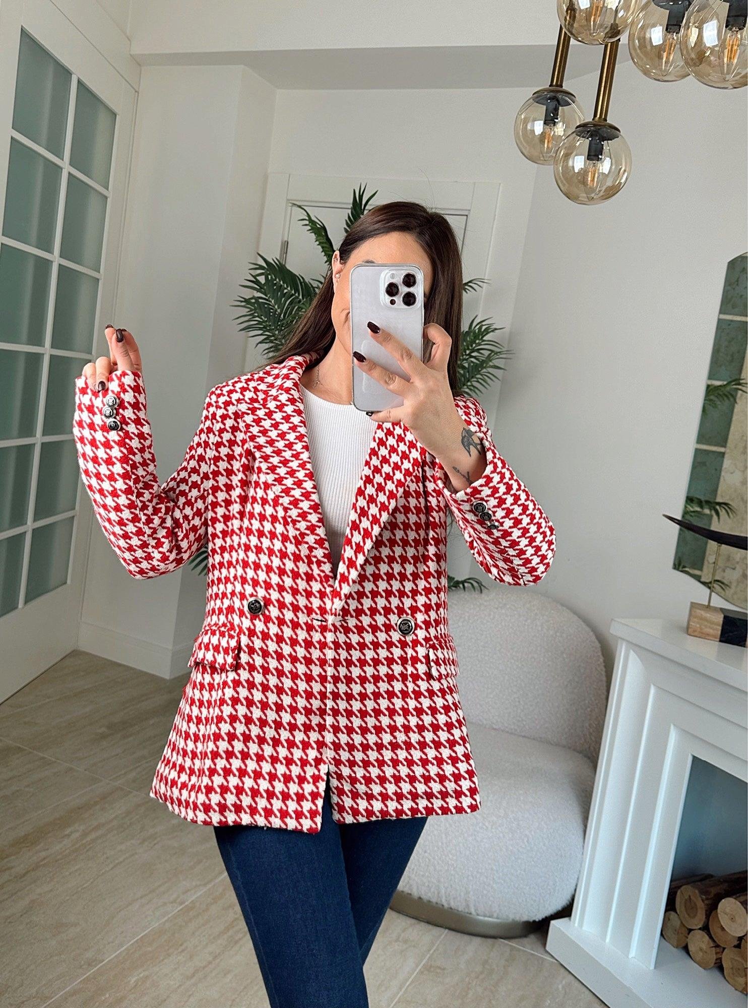Z.A Kaz Ayağı Desen Kırmızı Blazer Ceket
