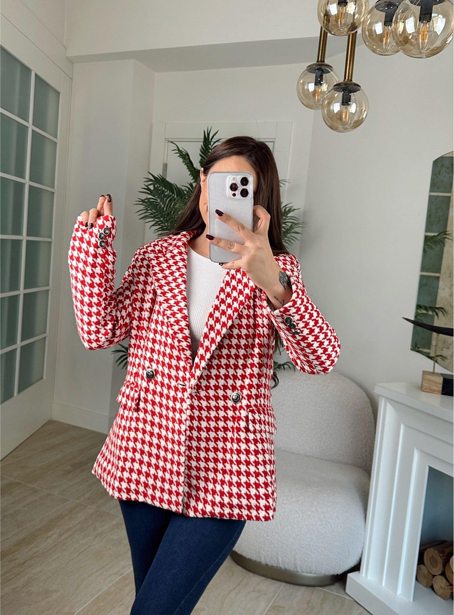 Z.A Kaz Ayağı Desen Kırmızı Blazer Ceket