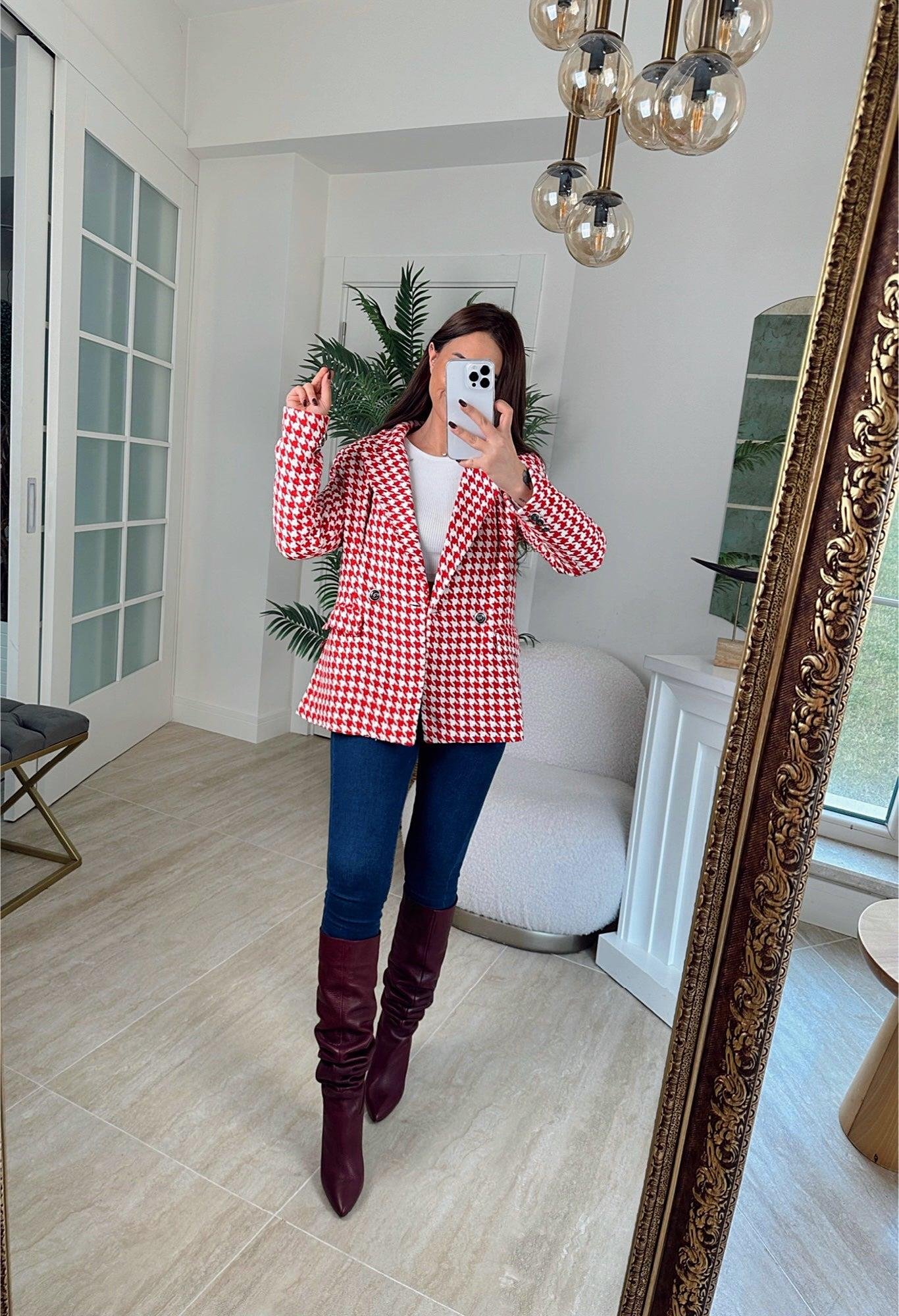 Z.A Kaz Ayağı Desen Kırmızı Blazer Ceket