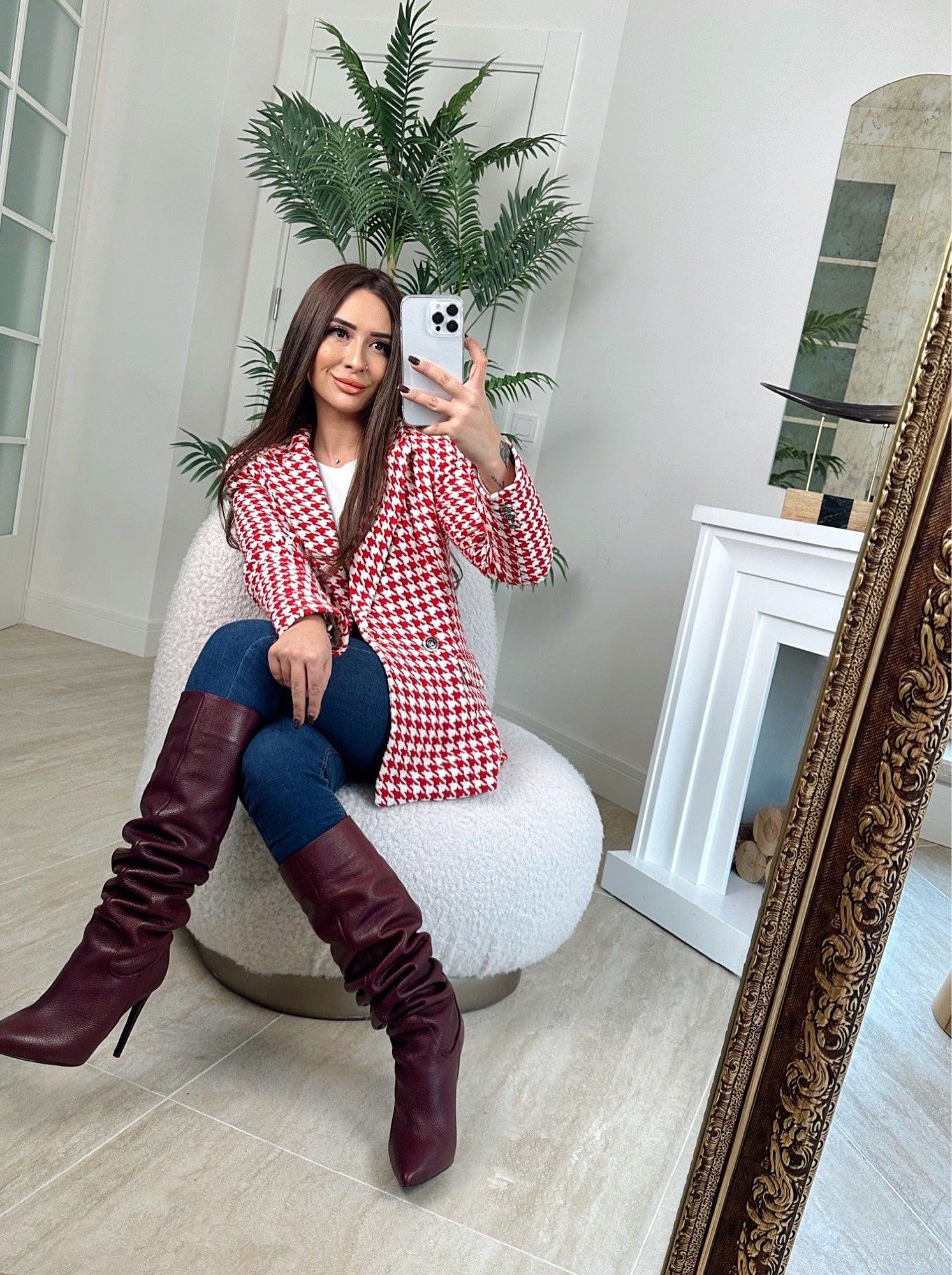 Z.A Kaz Ayağı Desen Kırmızı Blazer Ceket