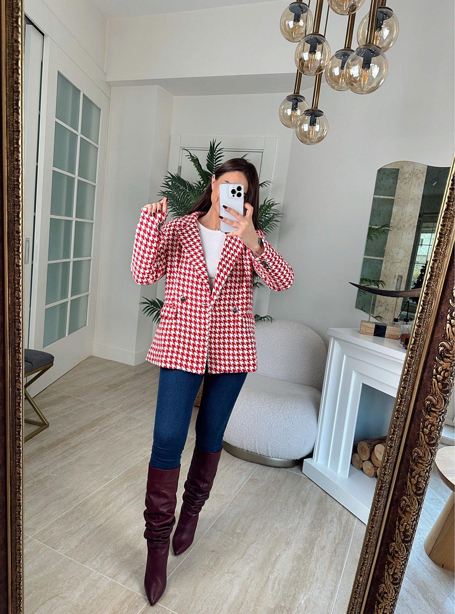 Z.A Kaz Ayağı Desen Kırmızı Blazer Ceket