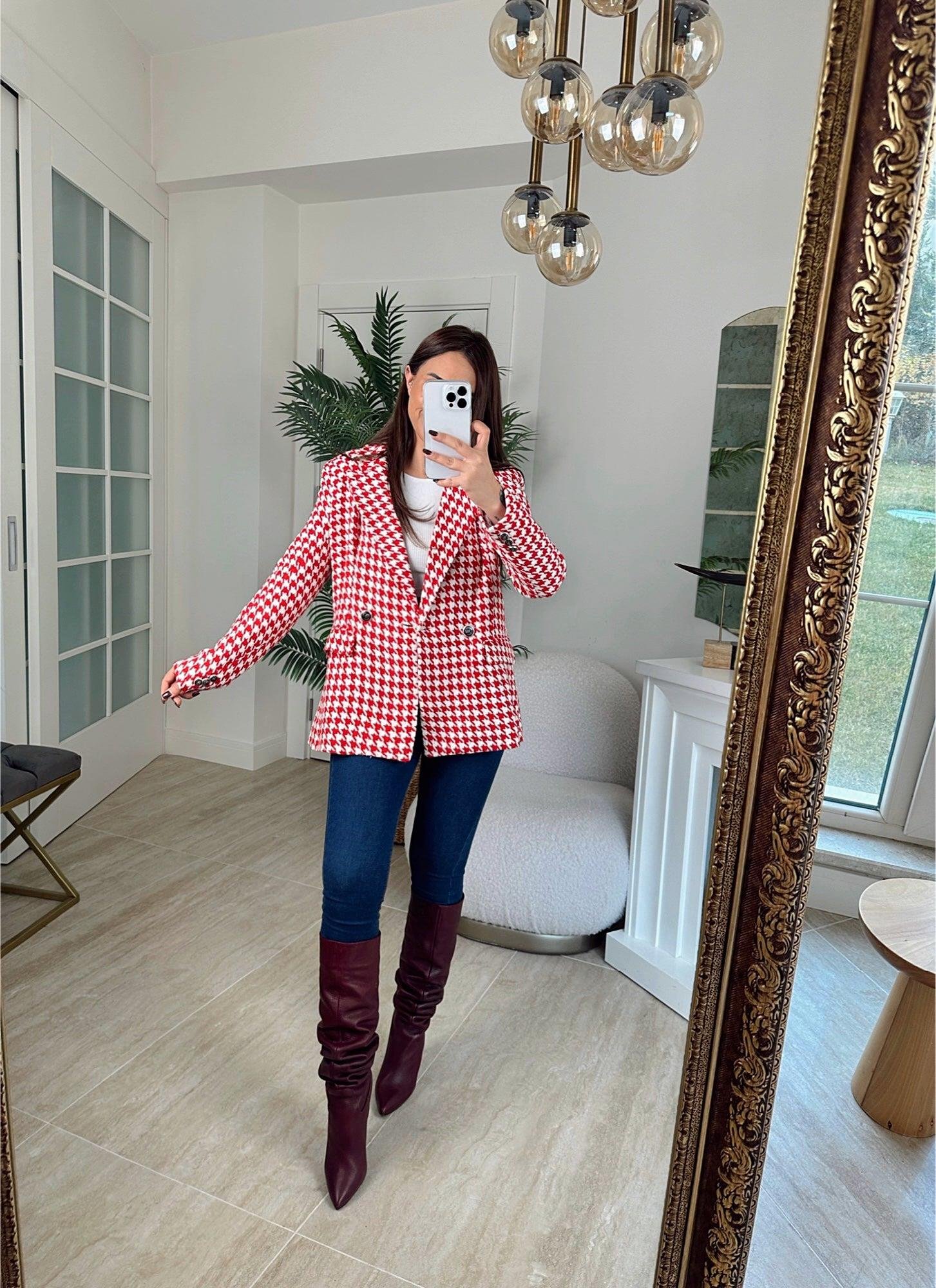 Z.A Kaz Ayağı Desen Kırmızı Blazer Ceket