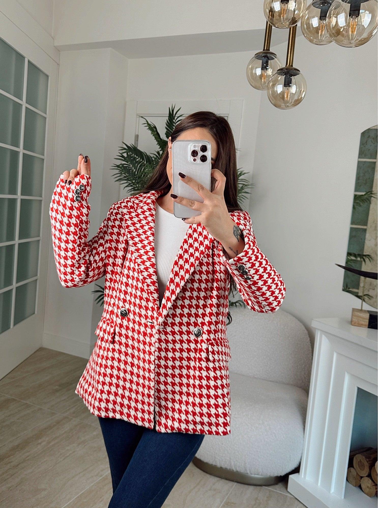 Z.A Kaz Ayağı Desen Kırmızı Blazer Ceket