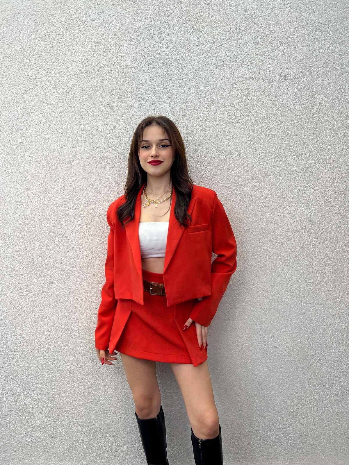 Alicante Kırmızı Crop Ceket Etek Takım