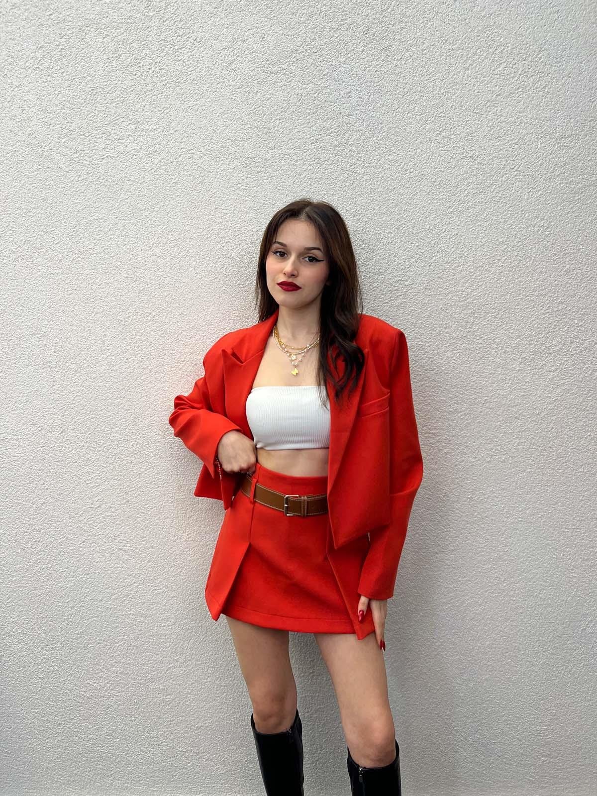 Alicante Kırmızı Crop Ceket Etek Takım