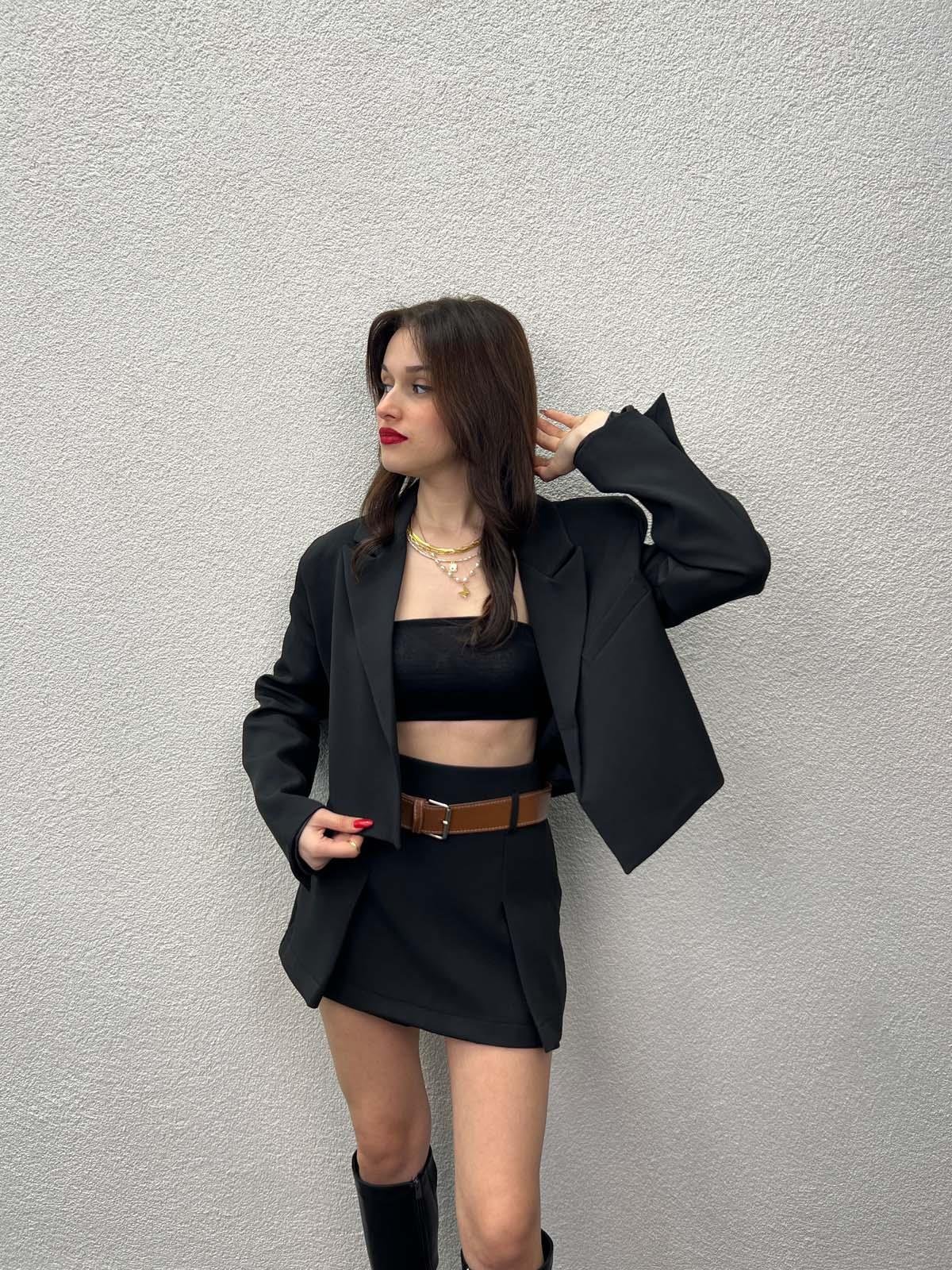 Alicante Siyah Crop Ceket Etek Takım