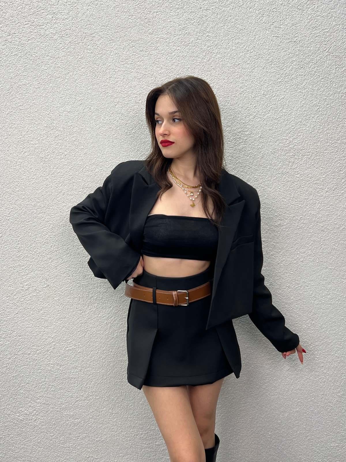 Alicante Siyah Crop Ceket Etek Takım