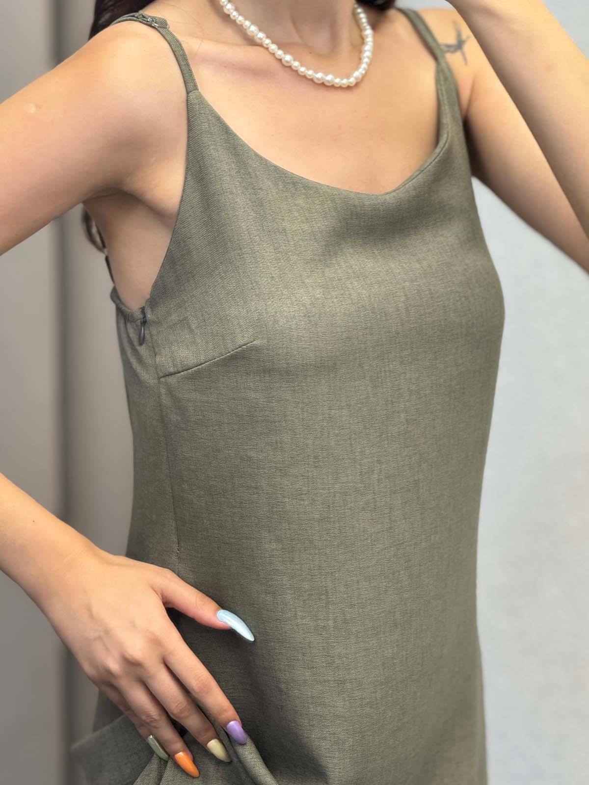 Ares Askılı Haki Keten Elbise