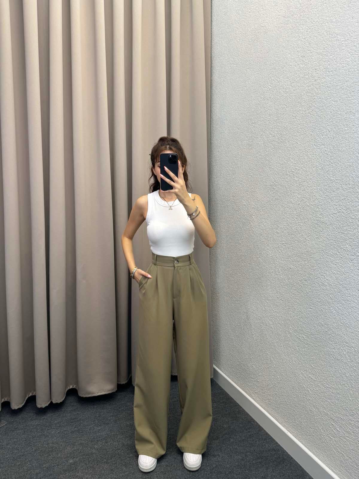 Army Haki Lastik Kemer Düğmeli Pantolon