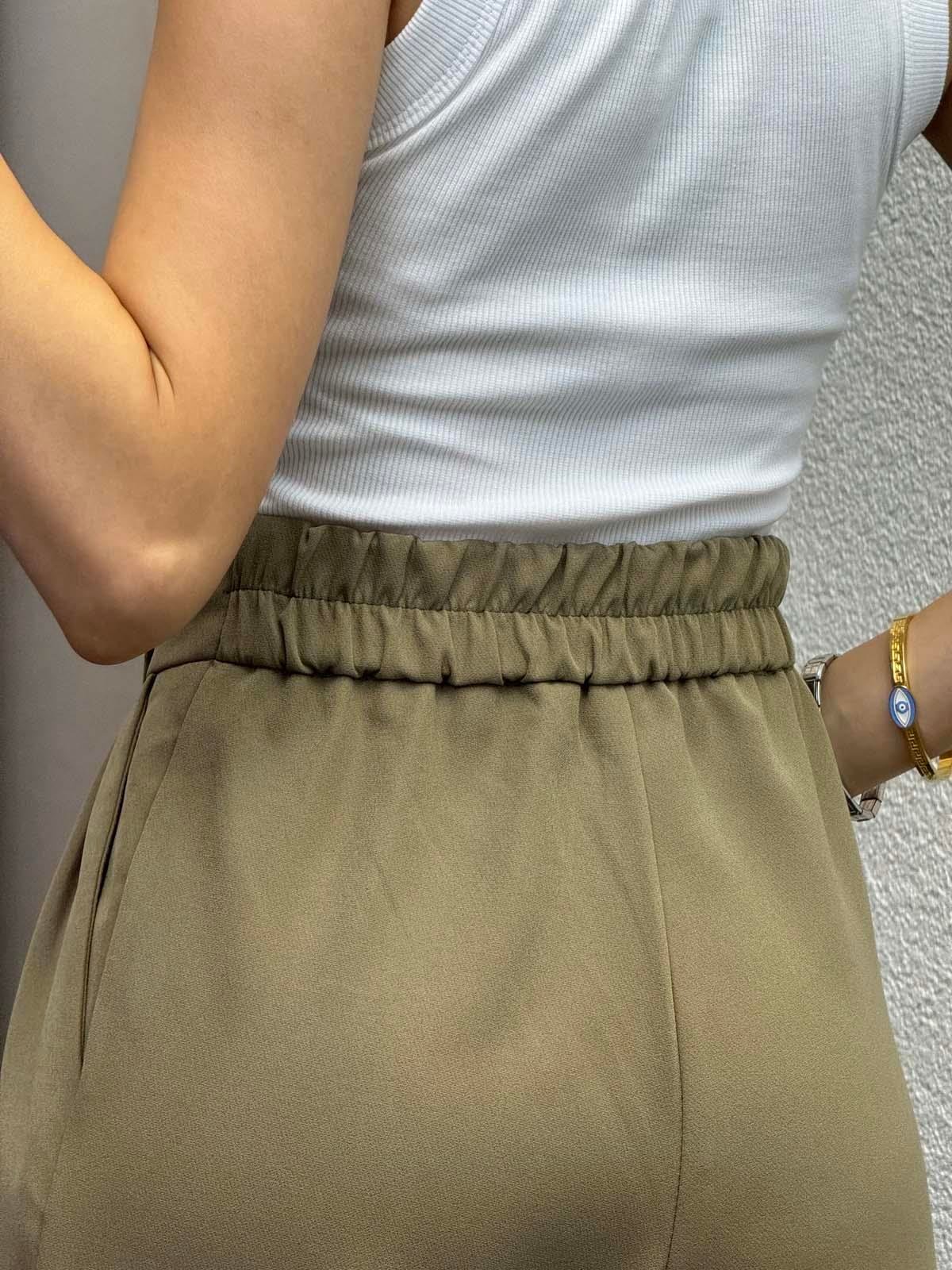 Army Haki Lastik Kemer Düğmeli Pantolon