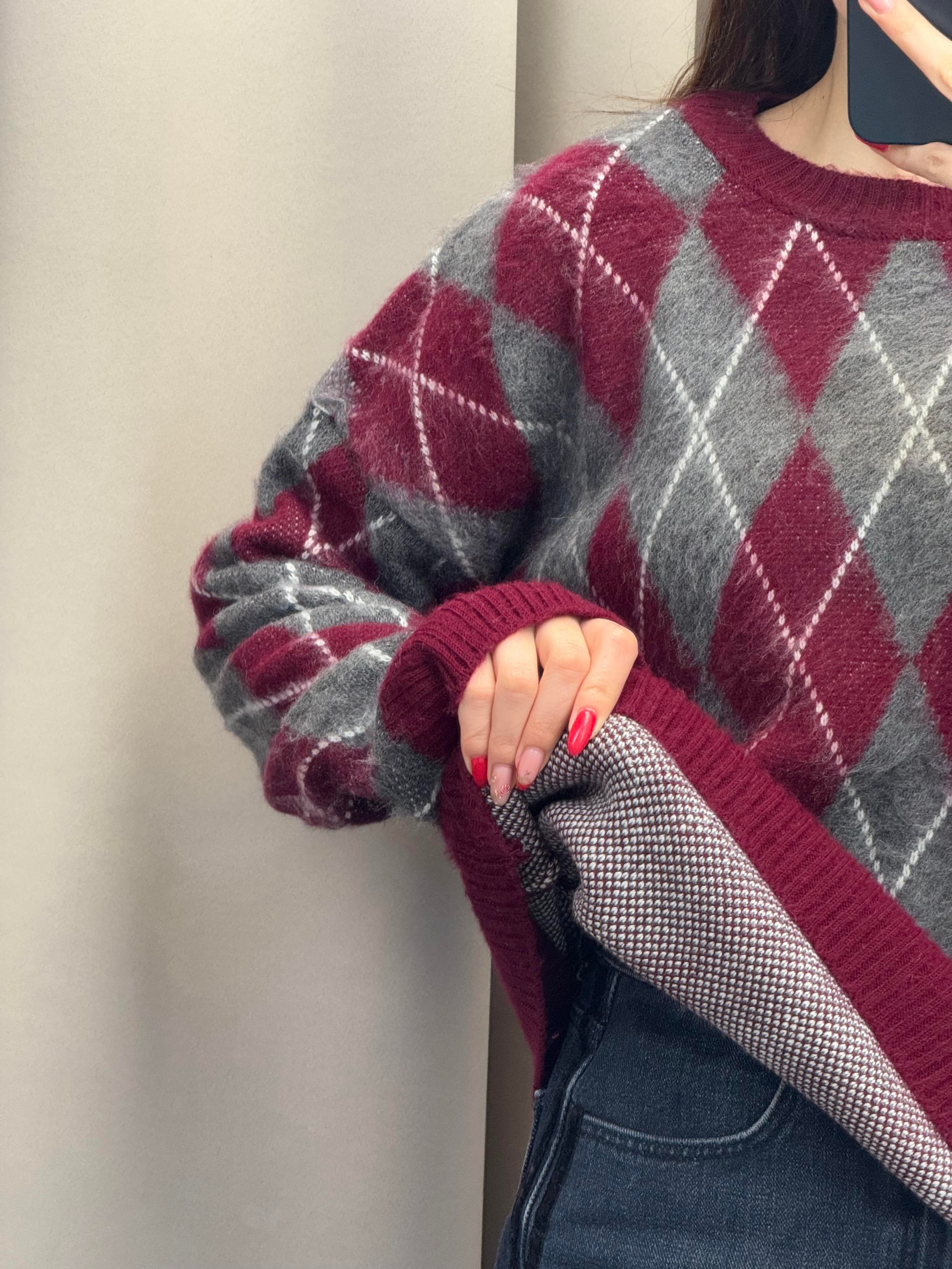 BAKLAVA DESEN OVERSİZE KALIP KAZAK BORDO