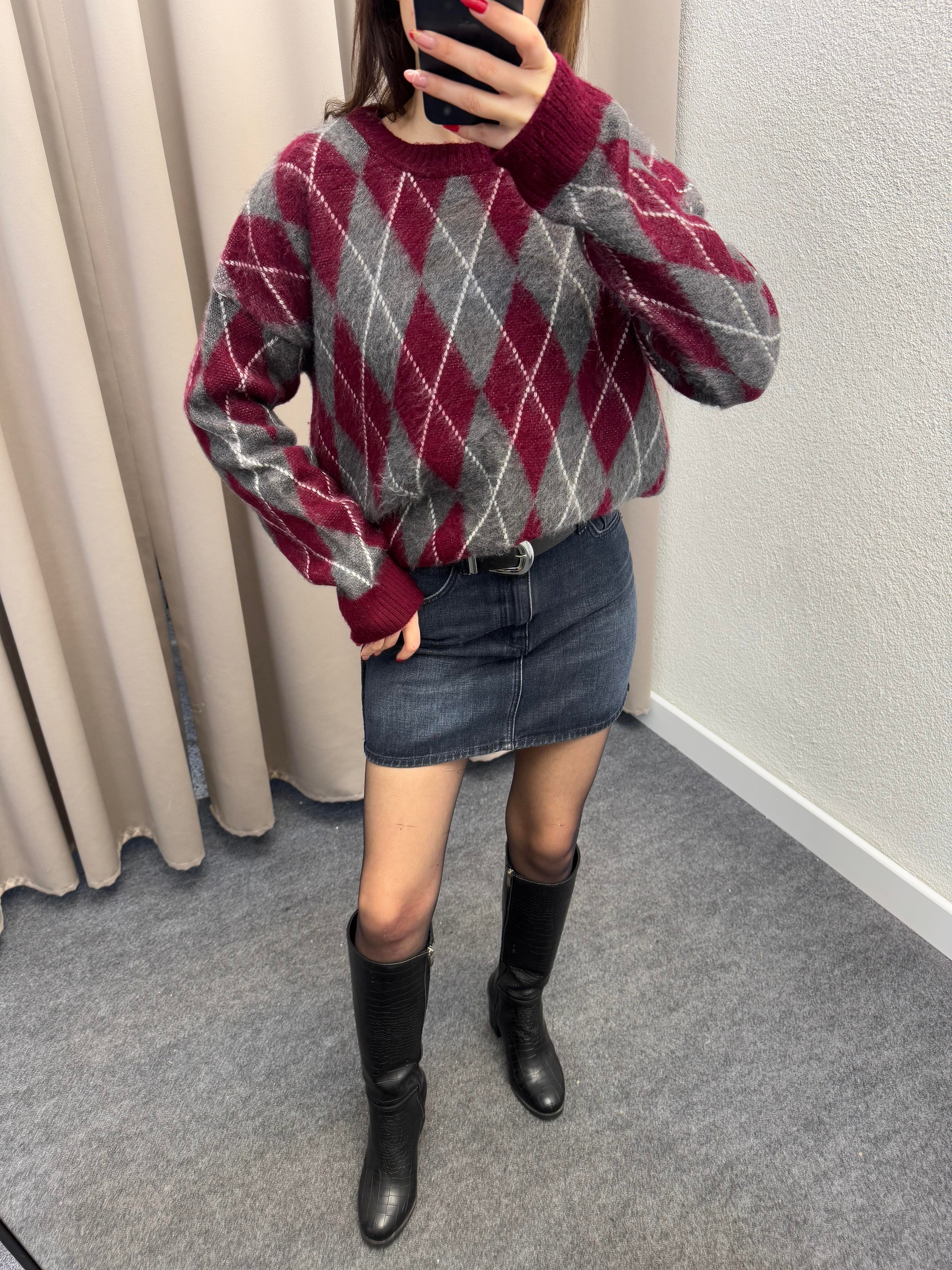 BAKLAVA DESEN OVERSİZE KALIP KAZAK BORDO