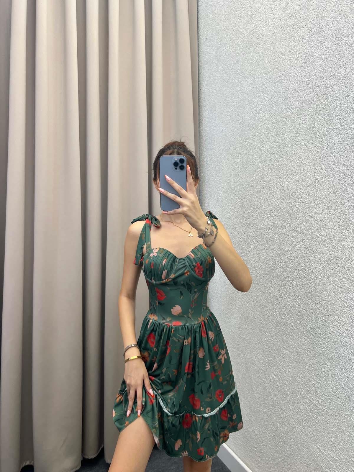 Beoa Dijital Baskılı Yeşil Elbise