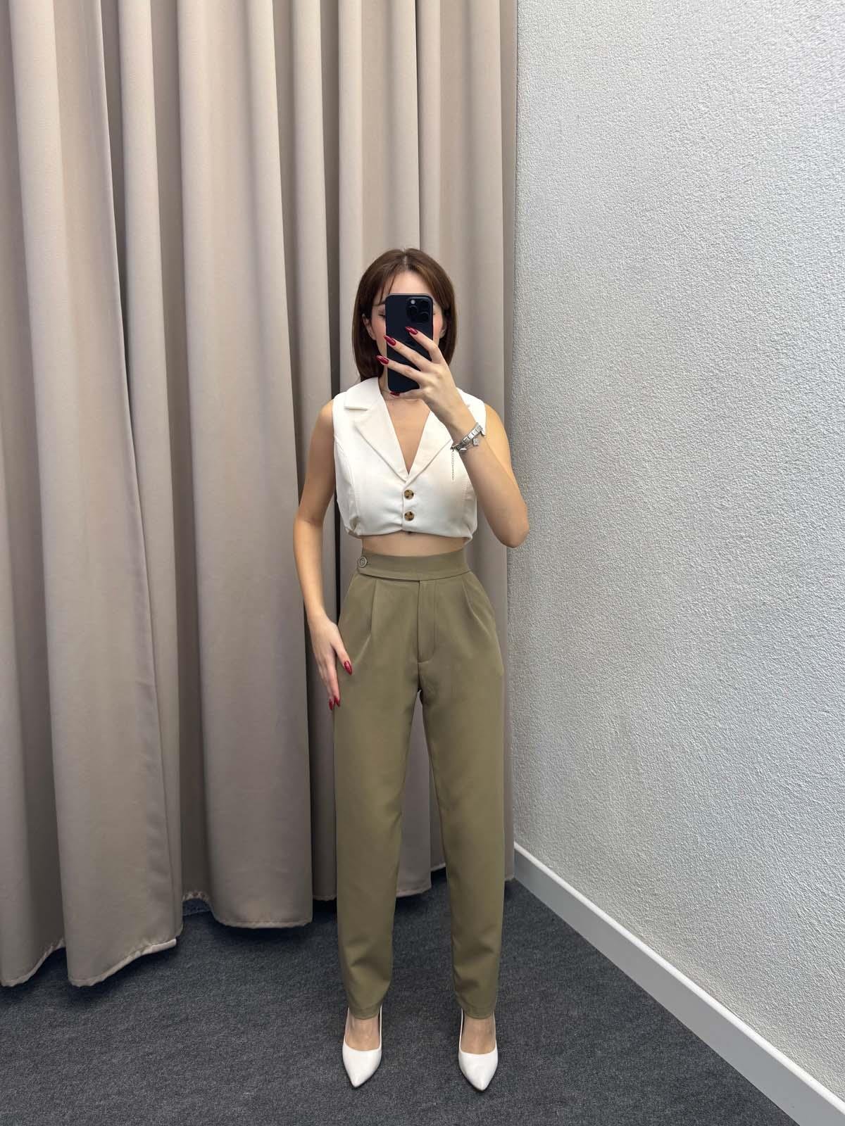 Boon Haki Lastik Kemer Düğme Detay Pantolon