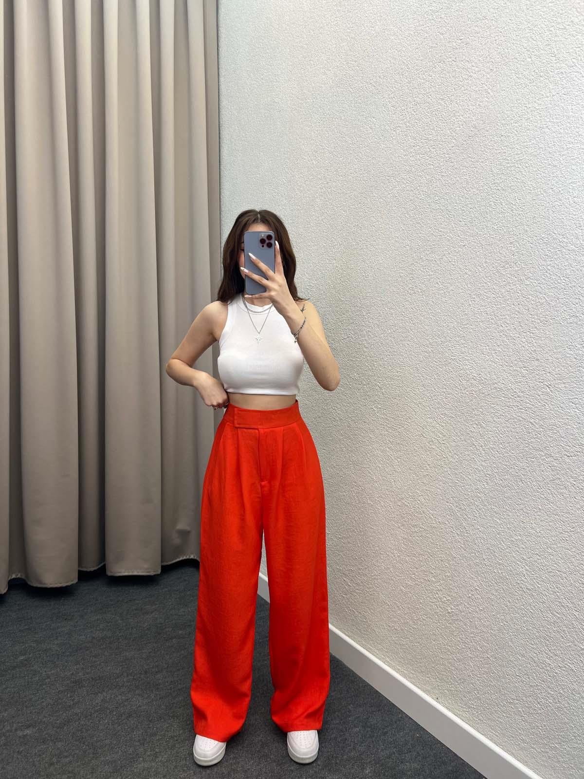 Burgos Cırt Kapamalı Orange Keten  Palazzo Pantolon