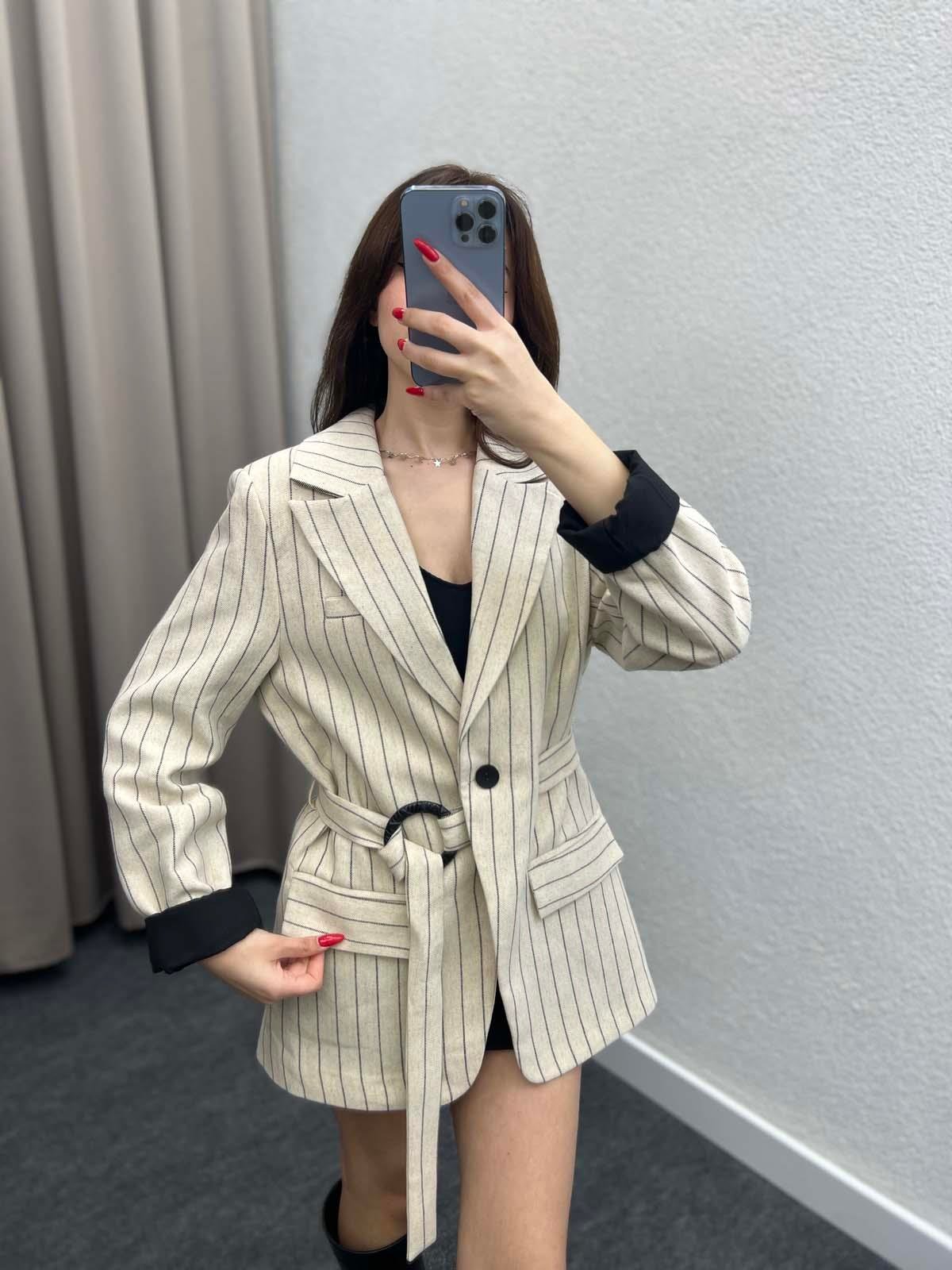 Çizgili Astarlı Keten Taş Çeket