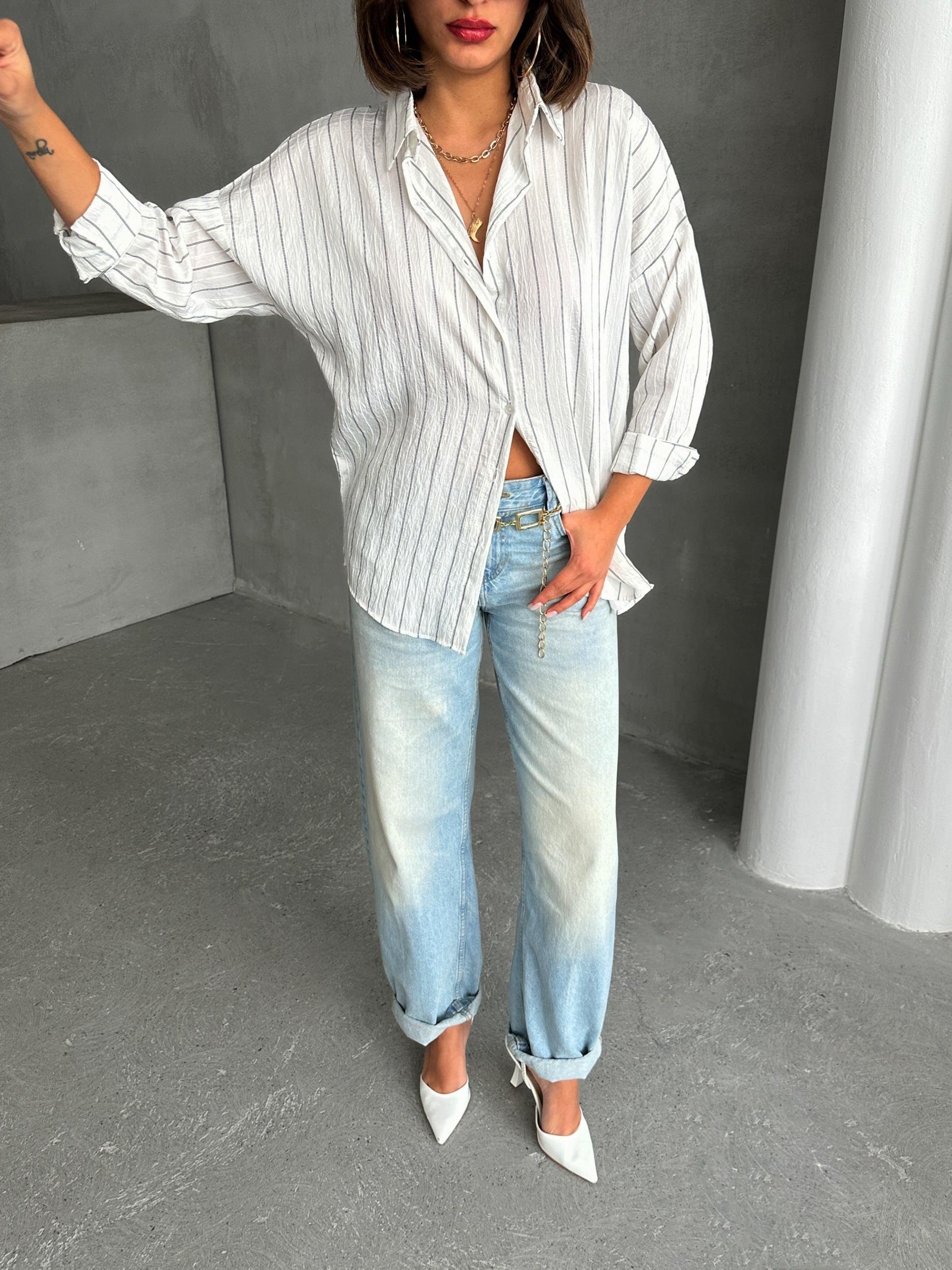 ÇİZGİLİ SALAŞ MODAL KUMAŞ GÖMLEK BEYAZ