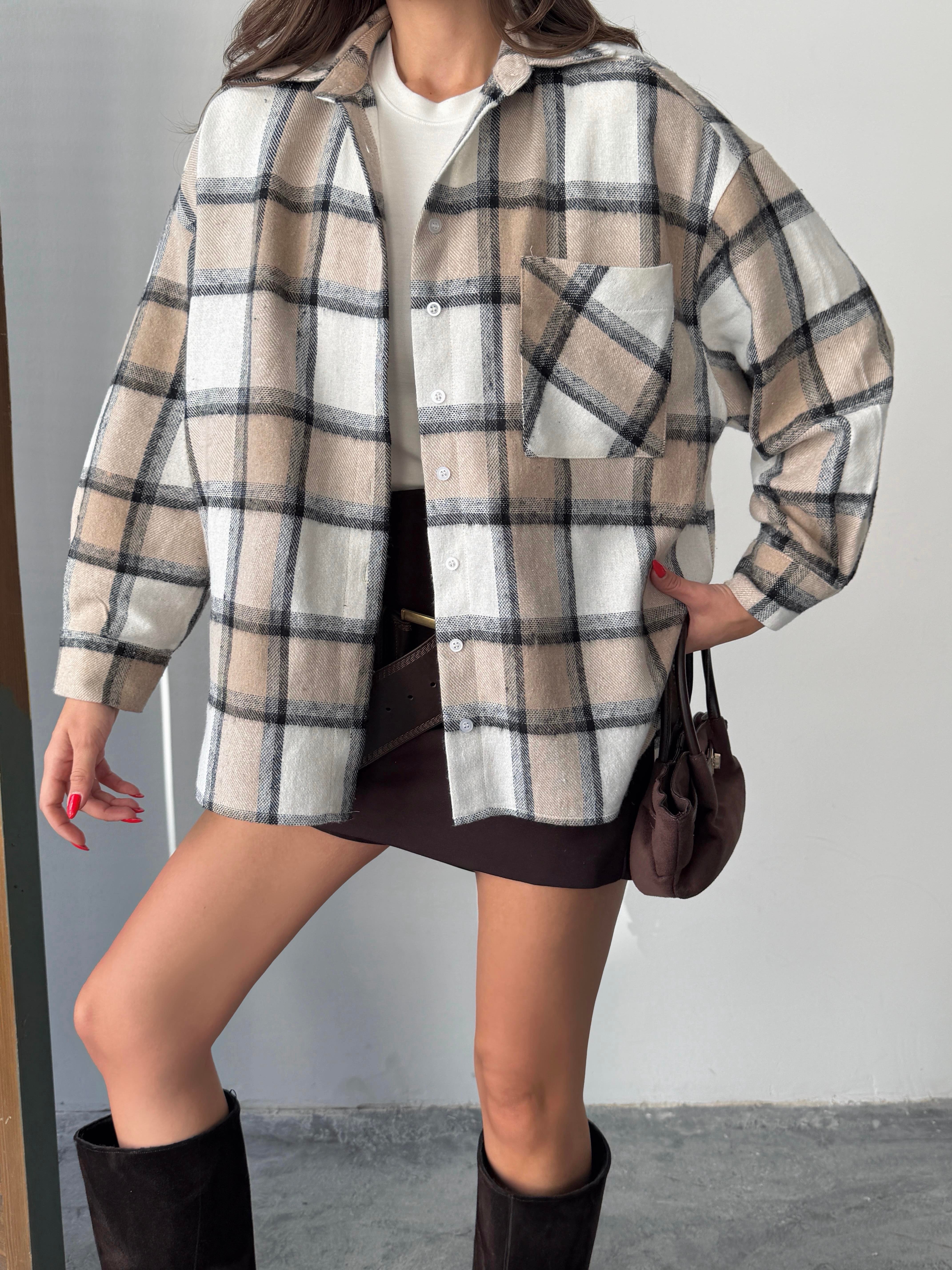 ekose oversize oduncu gömlek bej