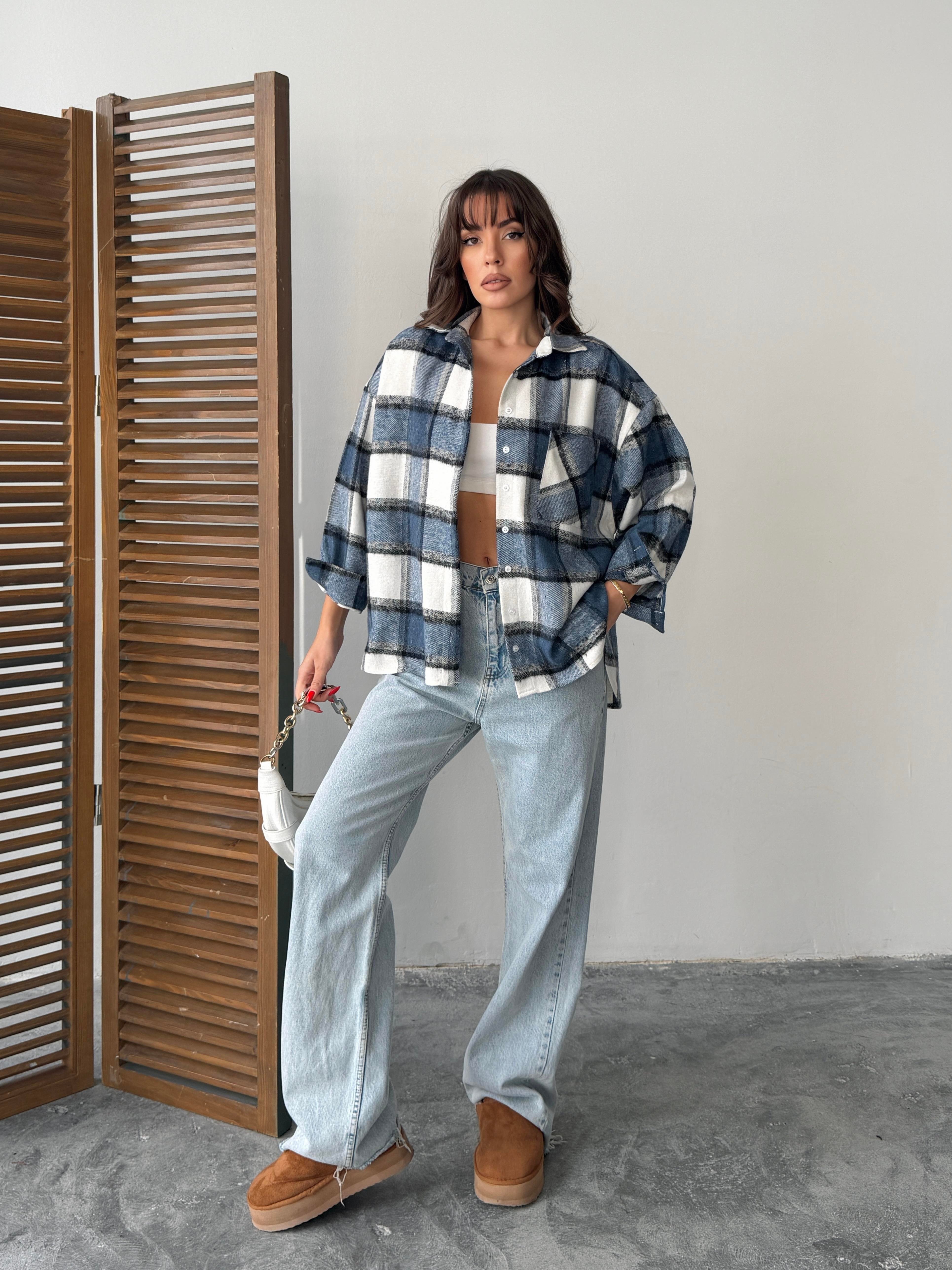 ekose oversize oduncu gömlek mavi