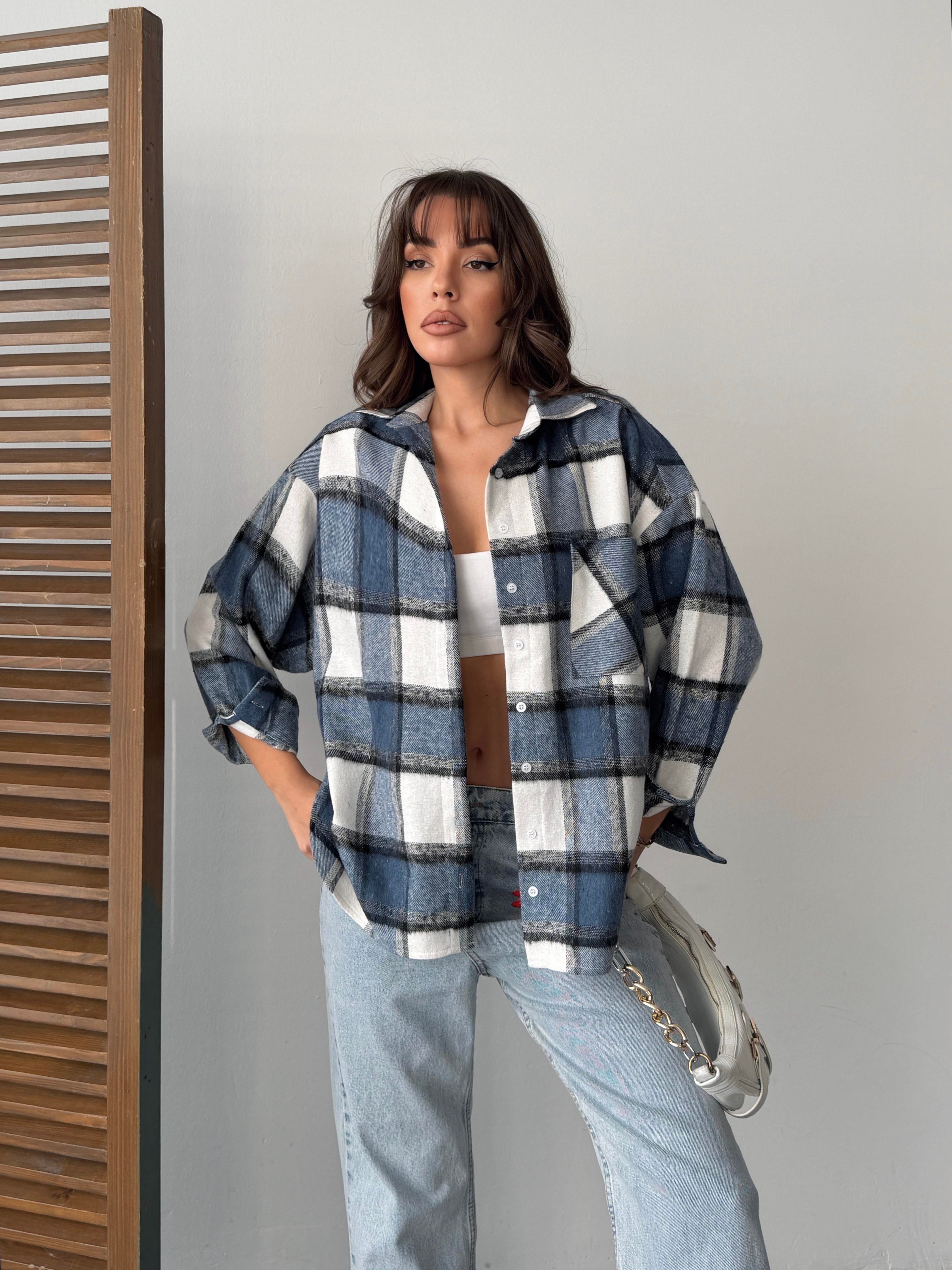 ekose oversize oduncu gömlek mavi