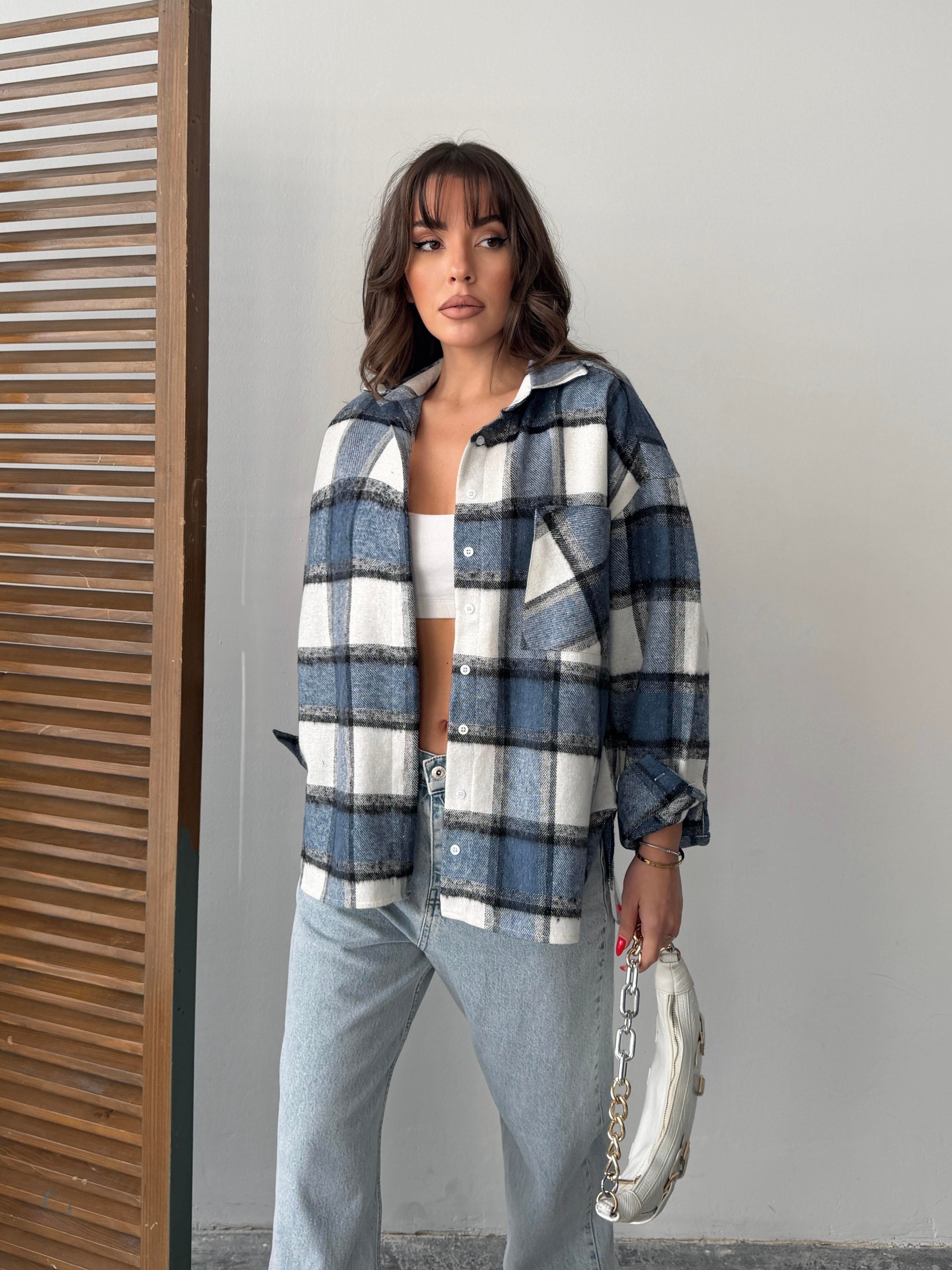 ekose oversize oduncu gömlek mavi