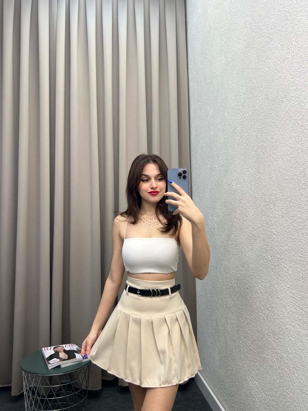 Enjoy Piliseli Krem Şort Etek