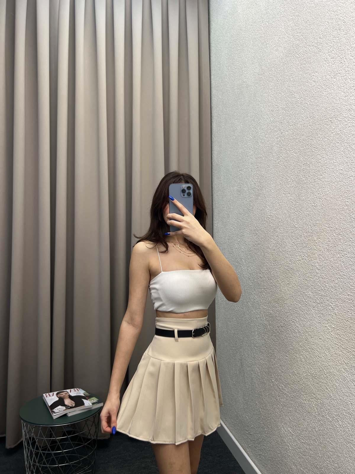 Enjoy Piliseli Krem Şort Etek