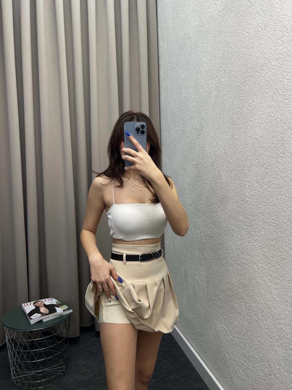 Enjoy Piliseli Krem Şort Etek