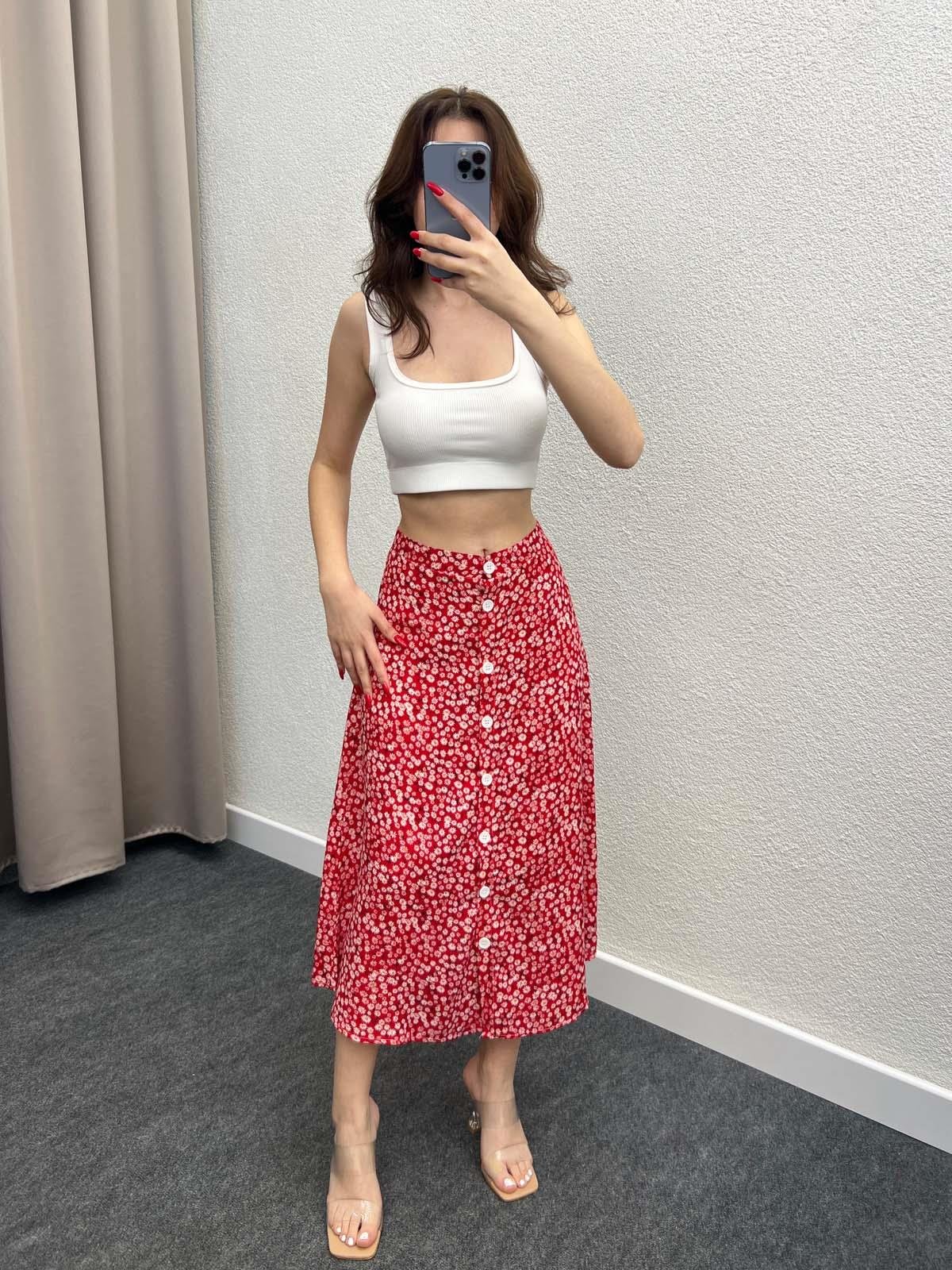 Gipsy Kırmızı Volanlı Viskon Düğmeli Midi Etek