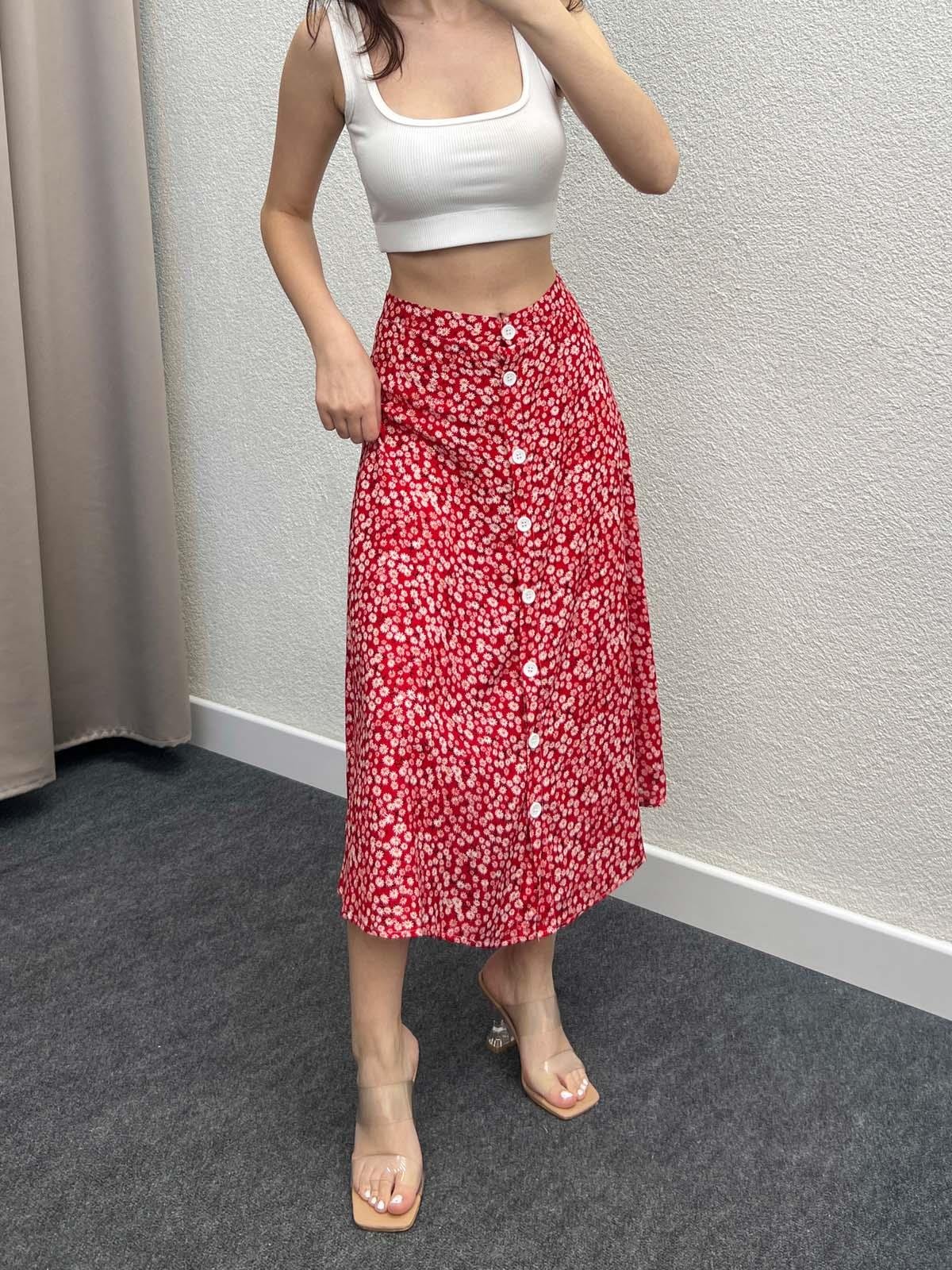 Gipsy Kırmızı Volanlı Viskon Düğmeli Midi Etek