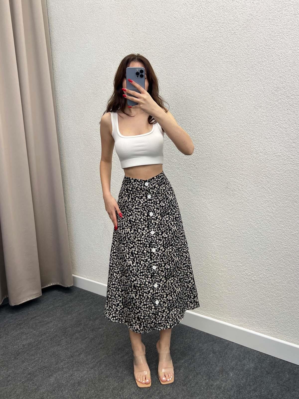 Gipsy Siyah Volanlı Viskon Düğmeli Midi Etek